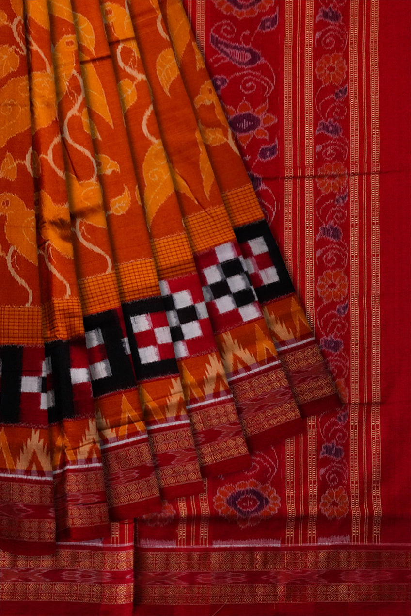 Yellow and Red color parrot design Sambalpuri pure cotton saree. - Koshali Arts & Crafts Enterprise