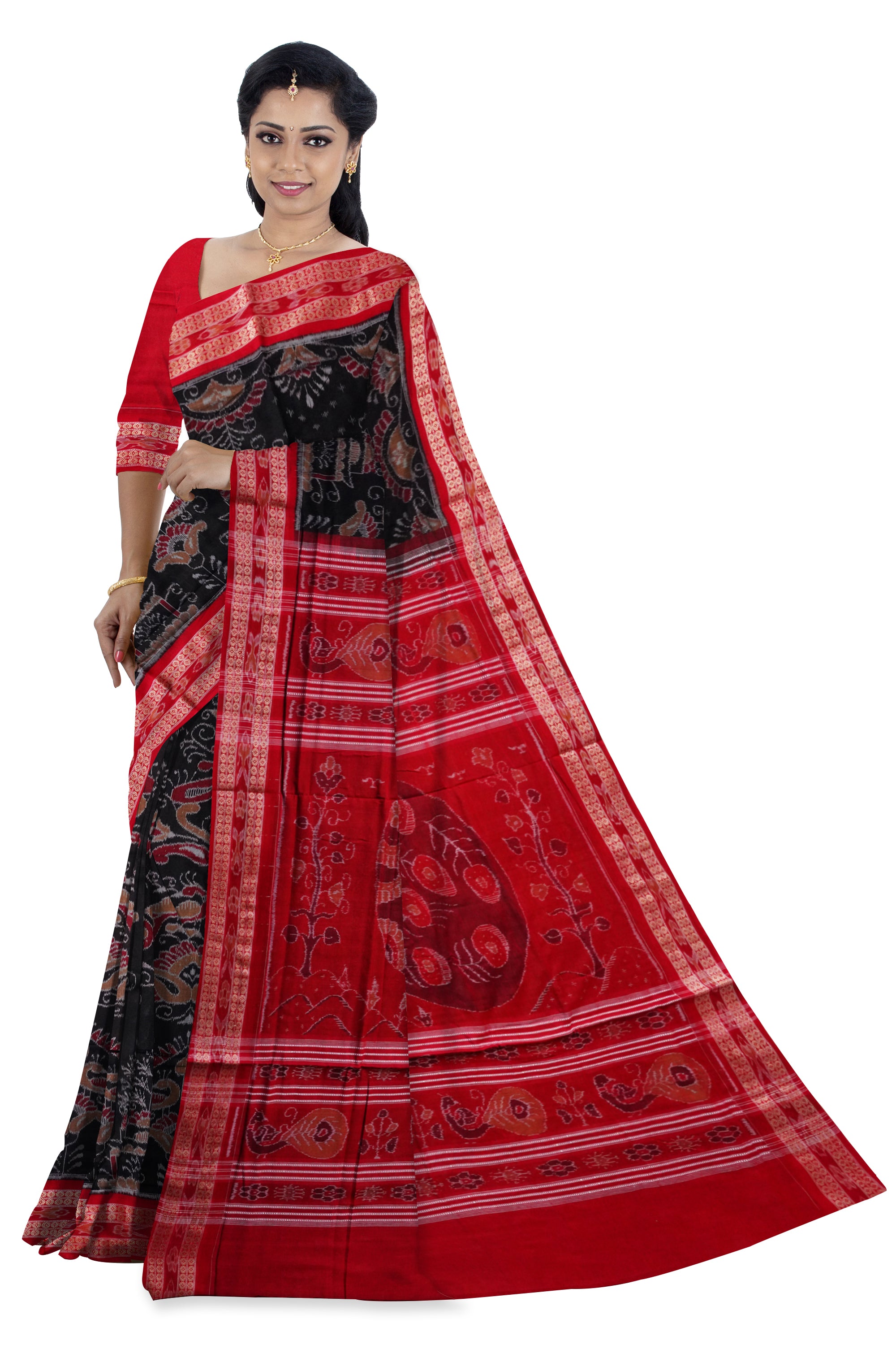 Black and Red color traditional peacock design Sambalpuri  pure cotton saree. - Koshali Arts & Crafts Enterprise