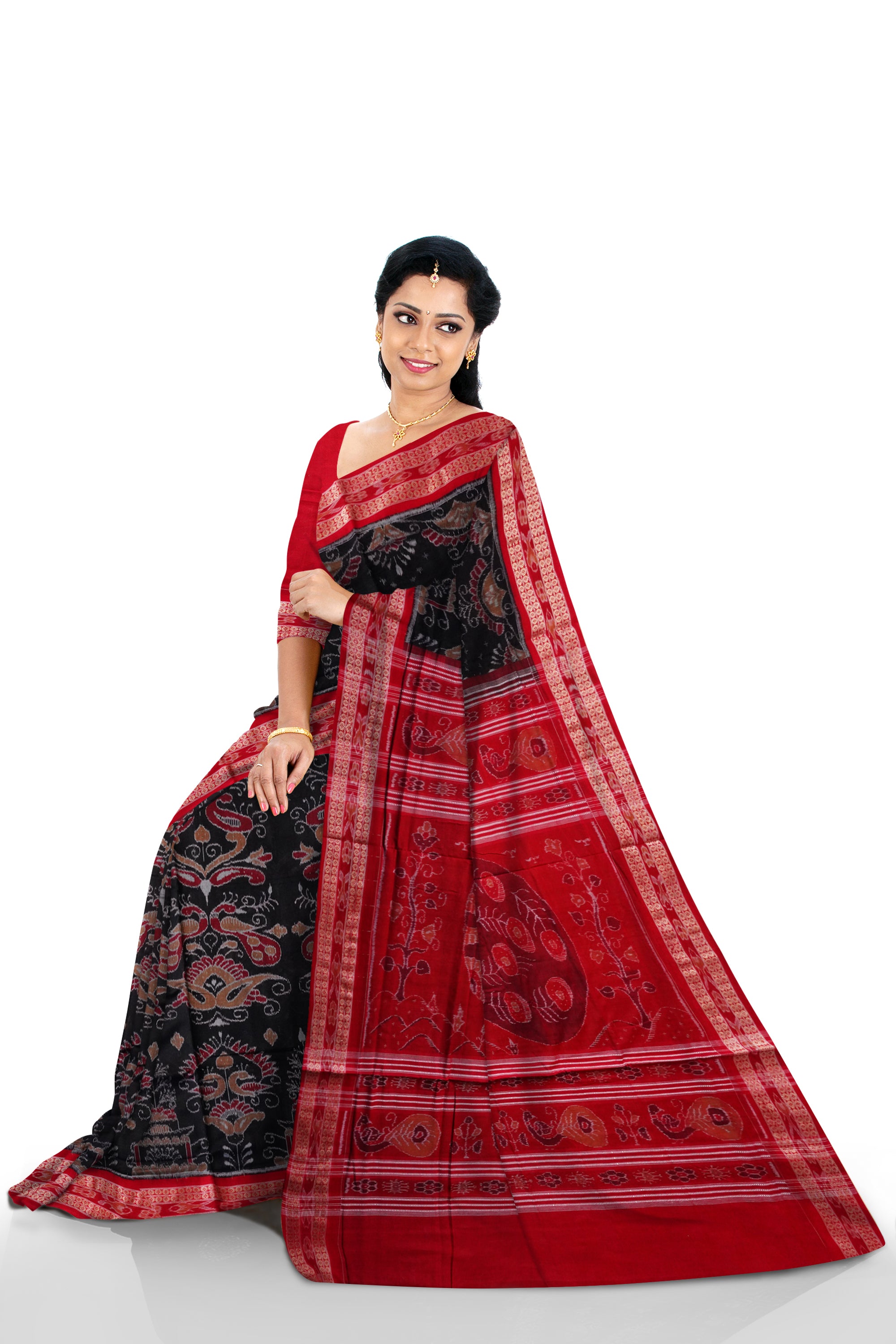 Black and Red color traditional peacock design Sambalpuri pure cotton saree. - Koshali Arts & Crafts Enterprise