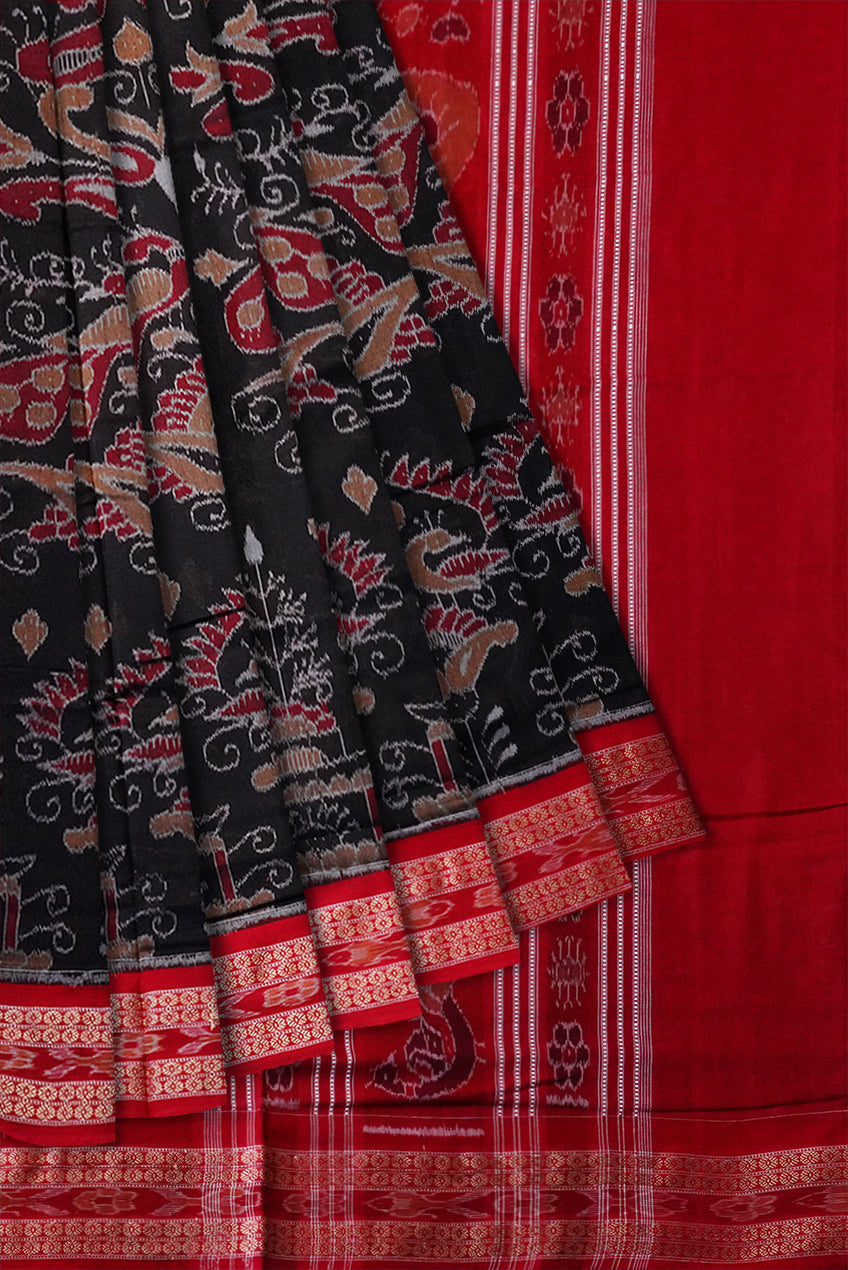 Black and Red color traditional peacock design Sambalpuri pure cotton saree. - Koshali Arts & Crafts Enterprise