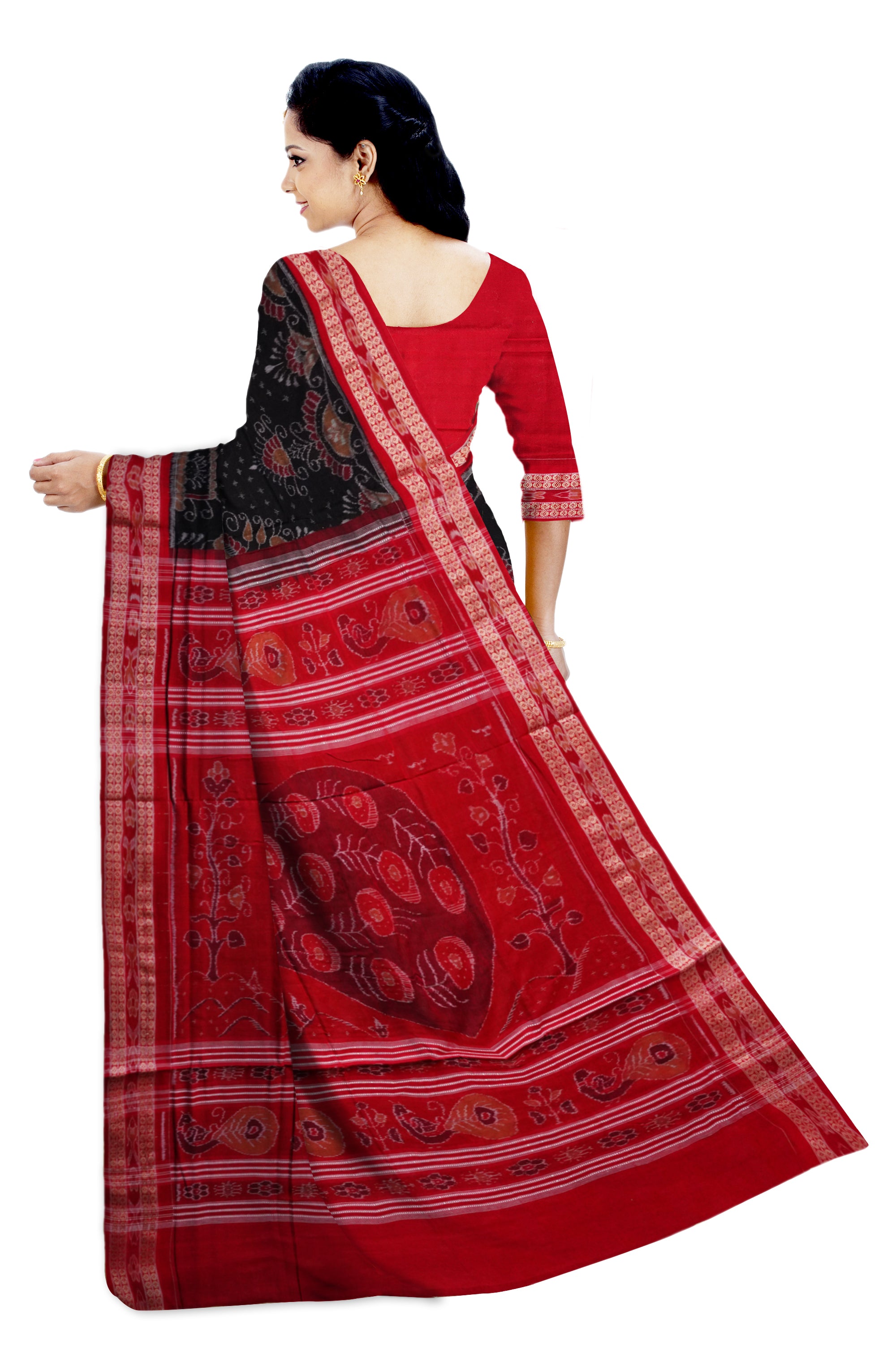 Black and Red color traditional peacock design Sambalpuri pure cotton saree. - Koshali Arts & Crafts Enterprise