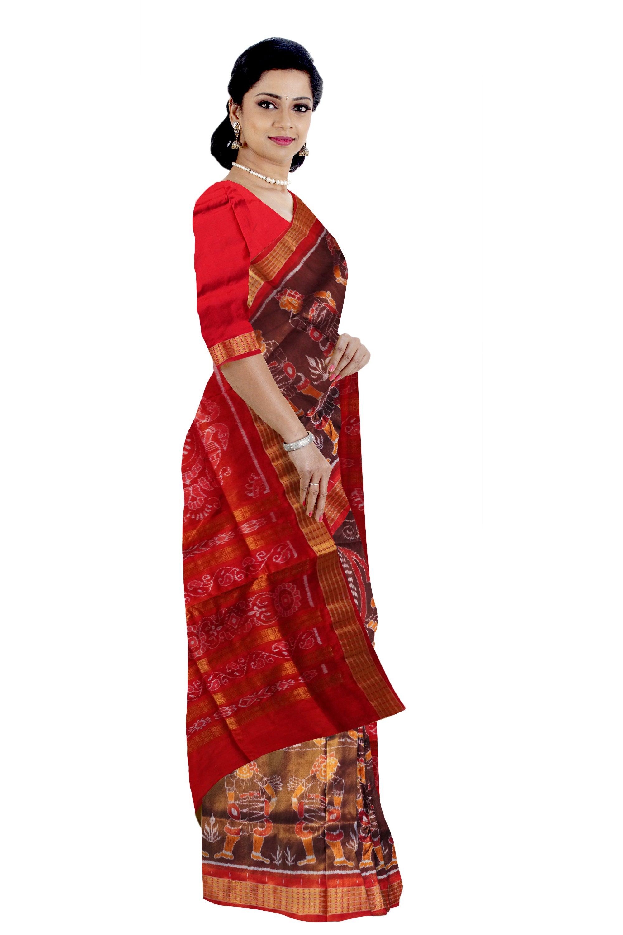 Coffee and Red color Dhulia design sambalpuri tissue silk saree. - Koshali Arts & Crafts Enterprise