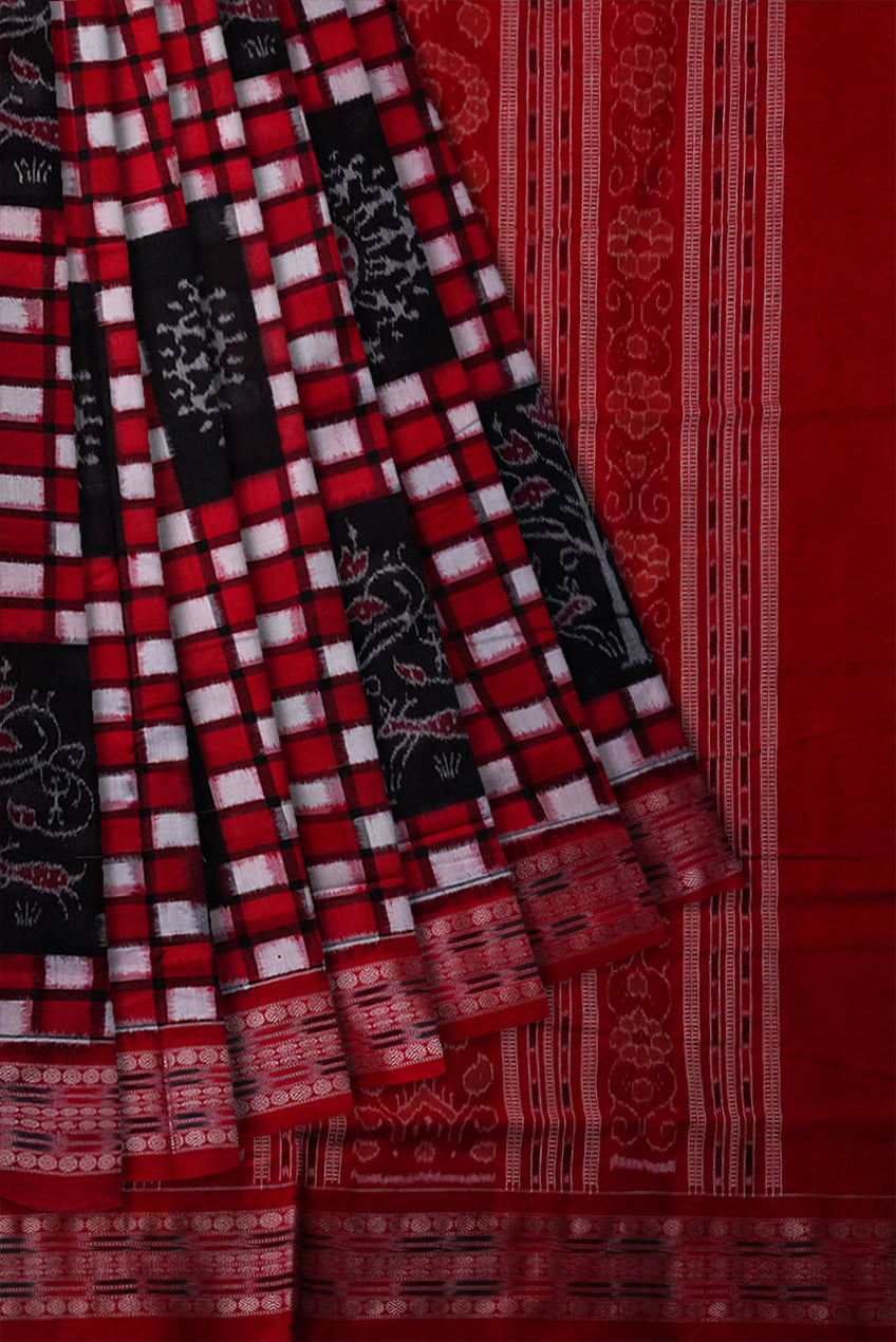 Red, black and White color box pattern sambalpuri cotton saree. - Koshali Arts & Crafts Enterprise