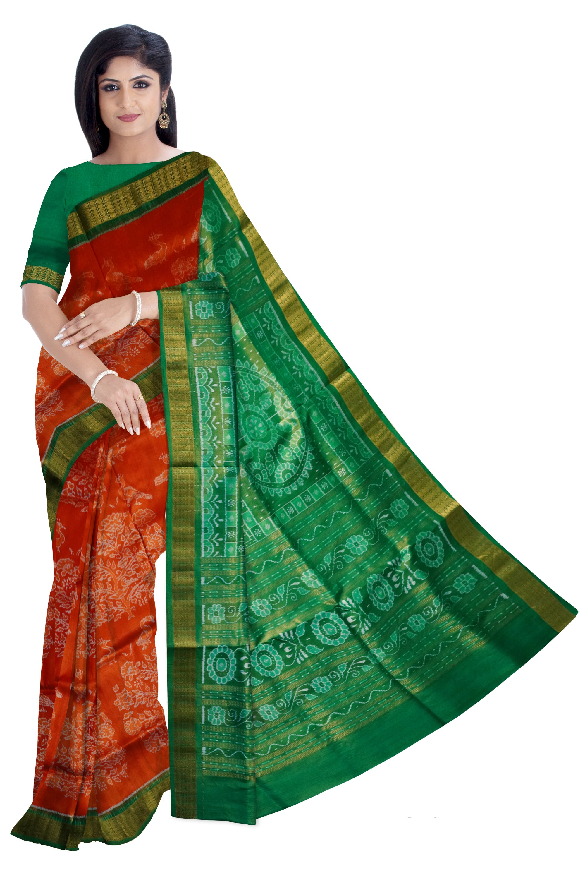 Orange and Green color tree pattern Sambalpuri tissue pata saree. - Koshali Arts & Crafts Enterprise