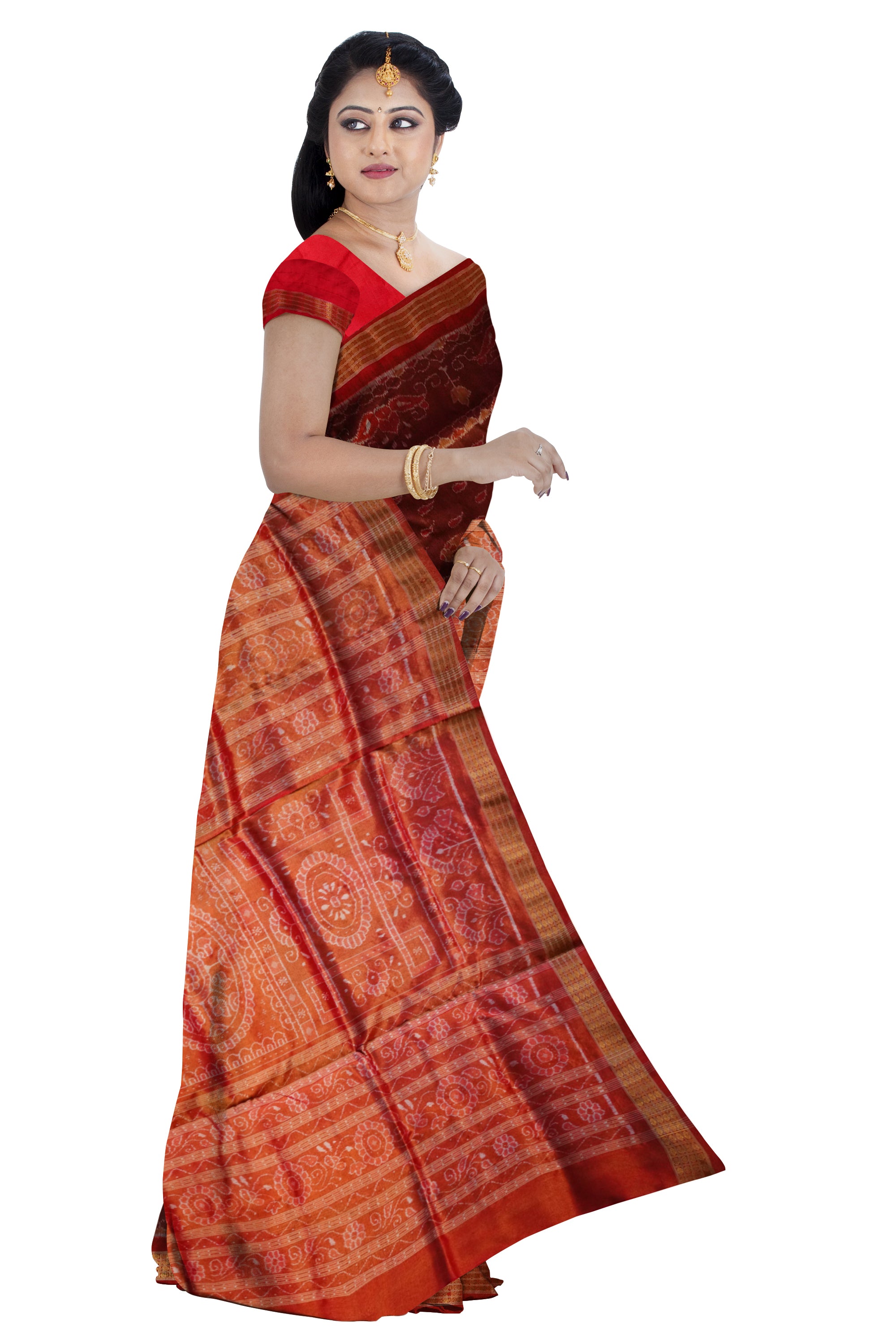 Coffee and Red color Sankha pattern Sambalpuri Tissue Silk saree. - Koshali Arts & Crafts Enterprise