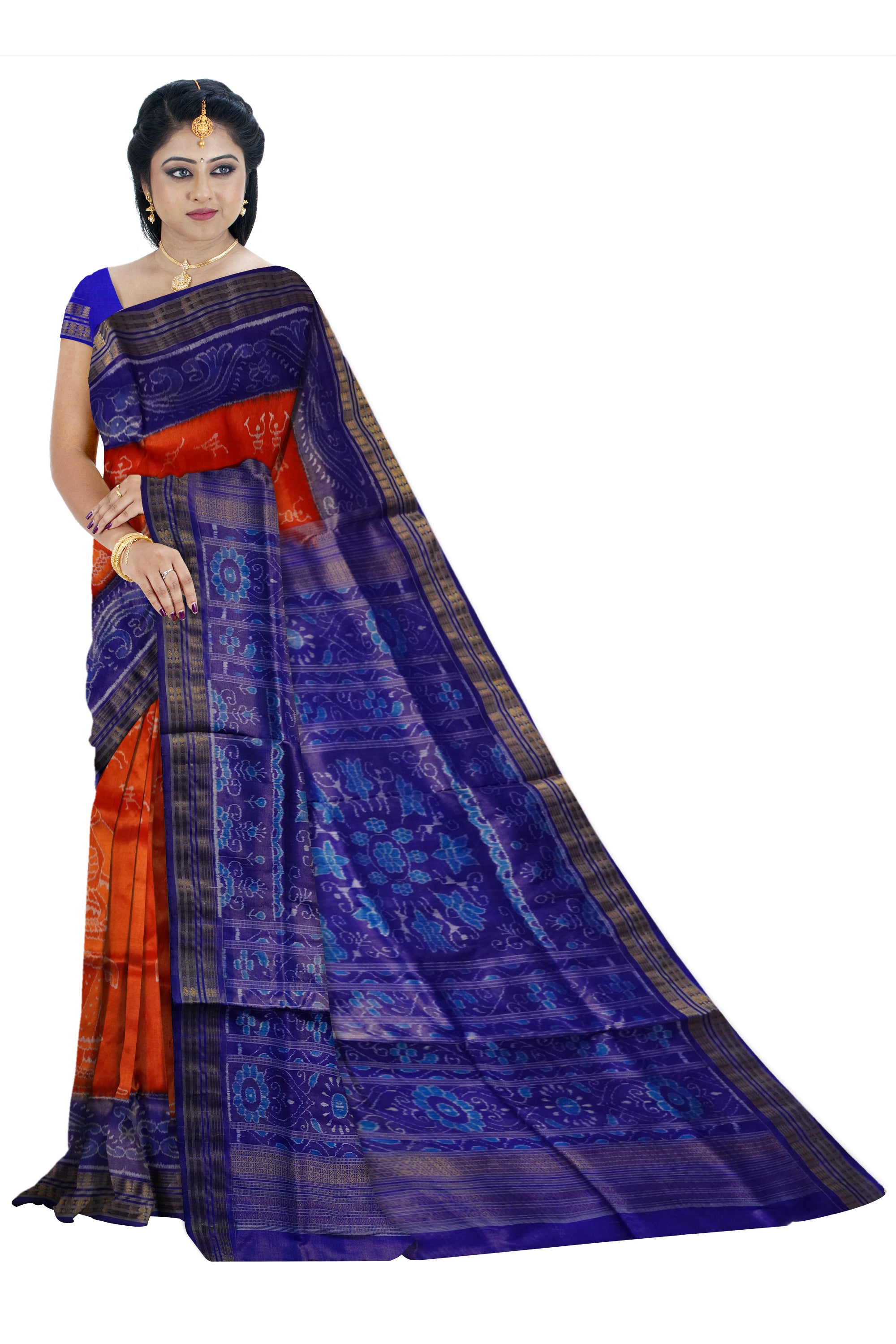 Orange and Blue color terracotta with odishi dance pattern sambalpuri Tissue silk pata saree . - Koshali Arts & Crafts Enterprise