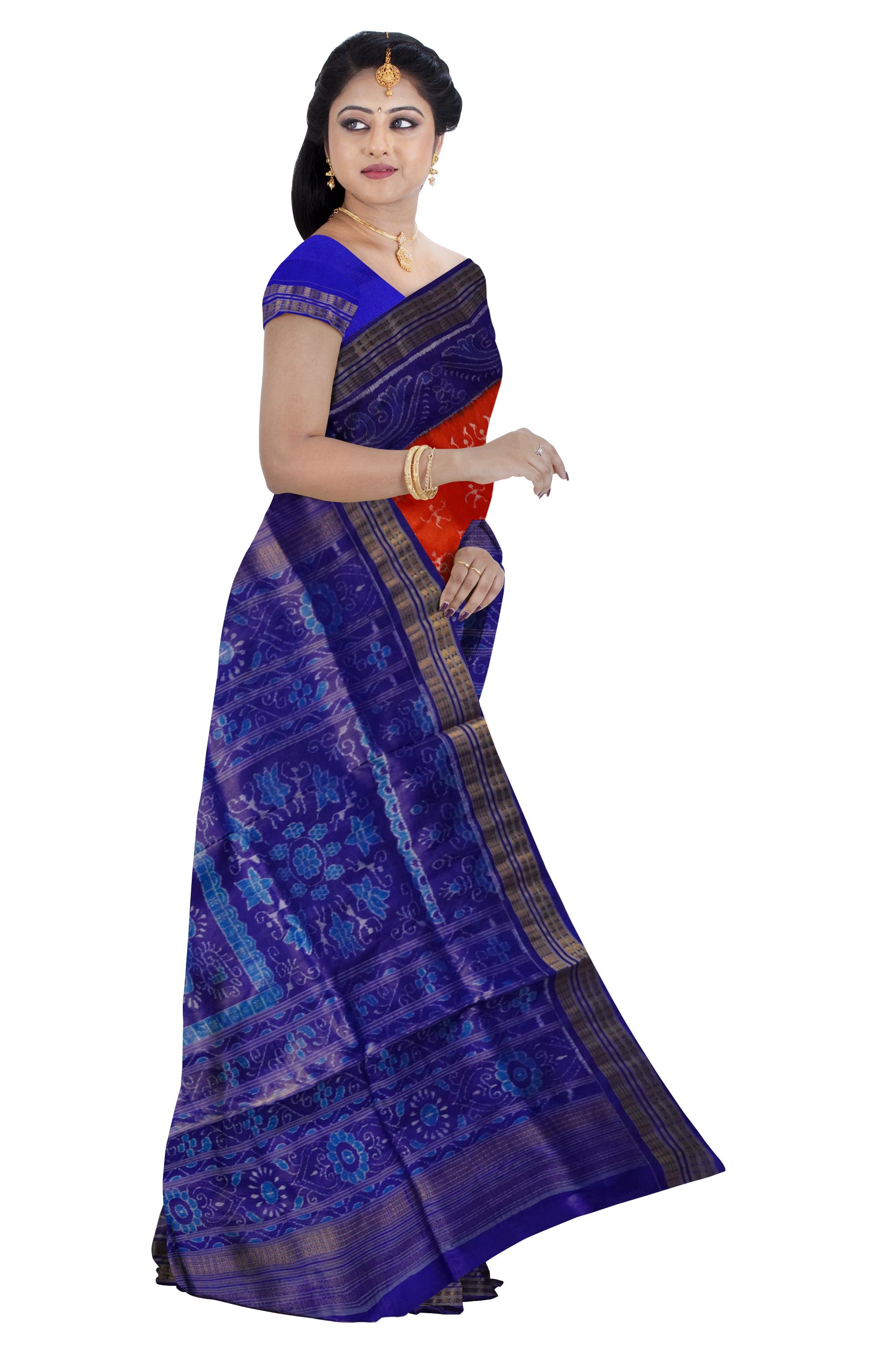 Orange and Blue color terracotta with odishi dance pattern sambalpuri Tissue silk pata saree . - Koshali Arts & Crafts Enterprise
