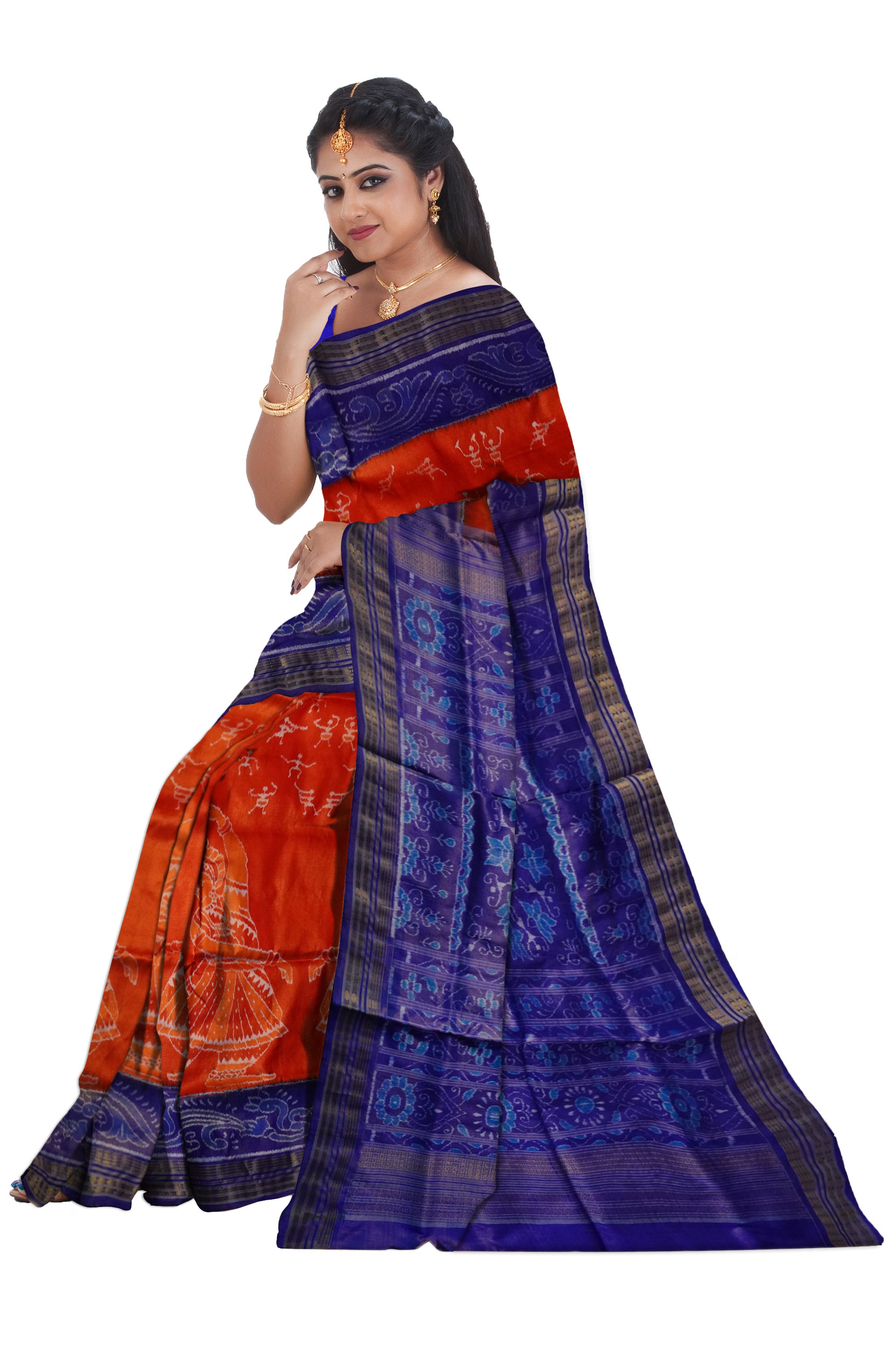 Orange and Blue color terracotta with odishi dance pattern sambalpuri Tissue silk pata saree . - Koshali Arts & Crafts Enterprise