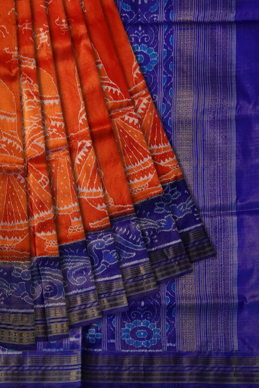 Orange and Blue color terracotta with odishi dance pattern sambalpuri Tissue silk pata saree . - Koshali Arts & Crafts Enterprise