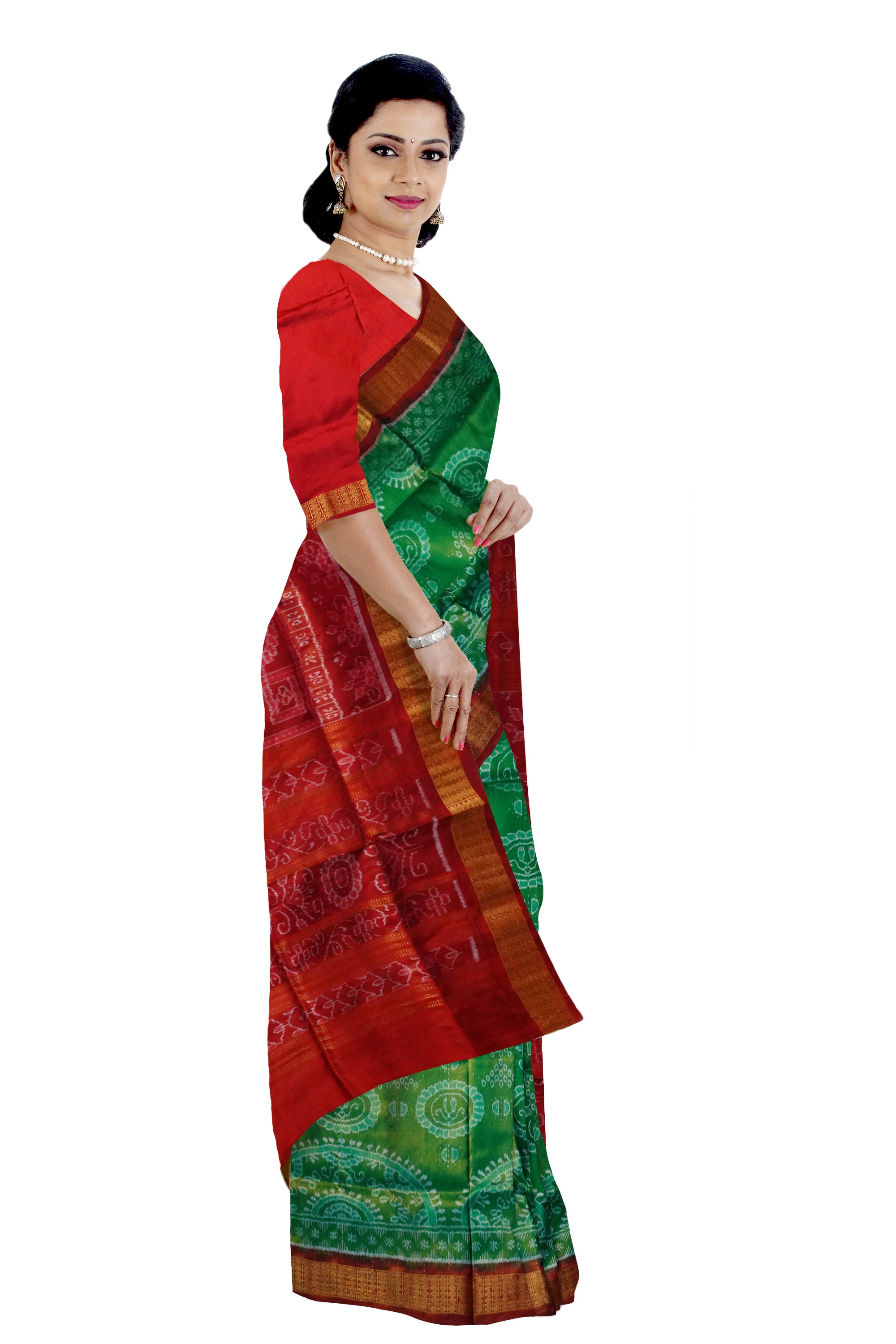 Green and Golden red color circular pattern Sambalpuri Tissue silk saree. - Koshali Arts & Crafts Enterprise