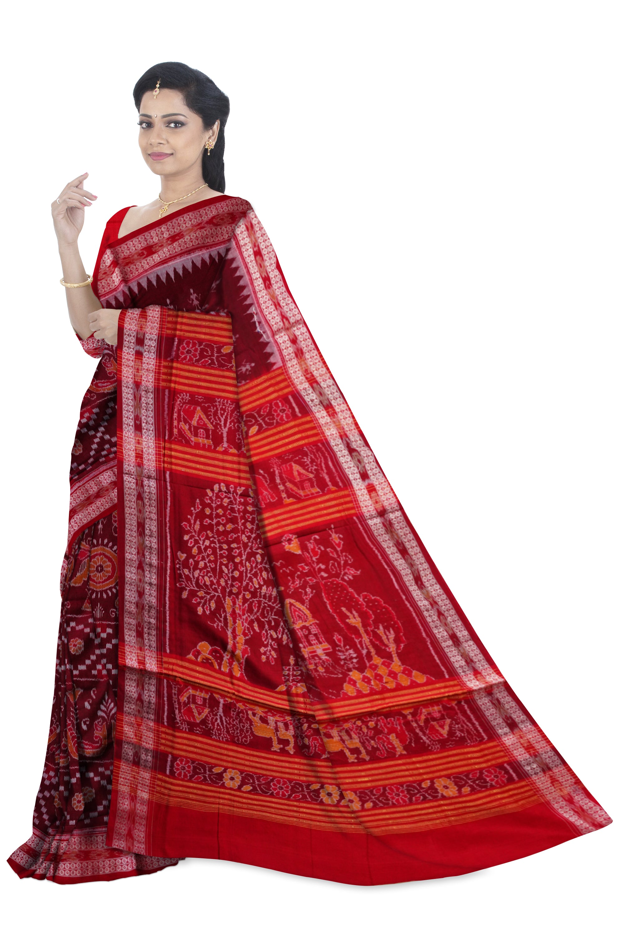 Coffee and Red color terracotta with pasapali pattern Sambalpuri pure cotton saree. - Koshali Arts & Crafts Enterprise