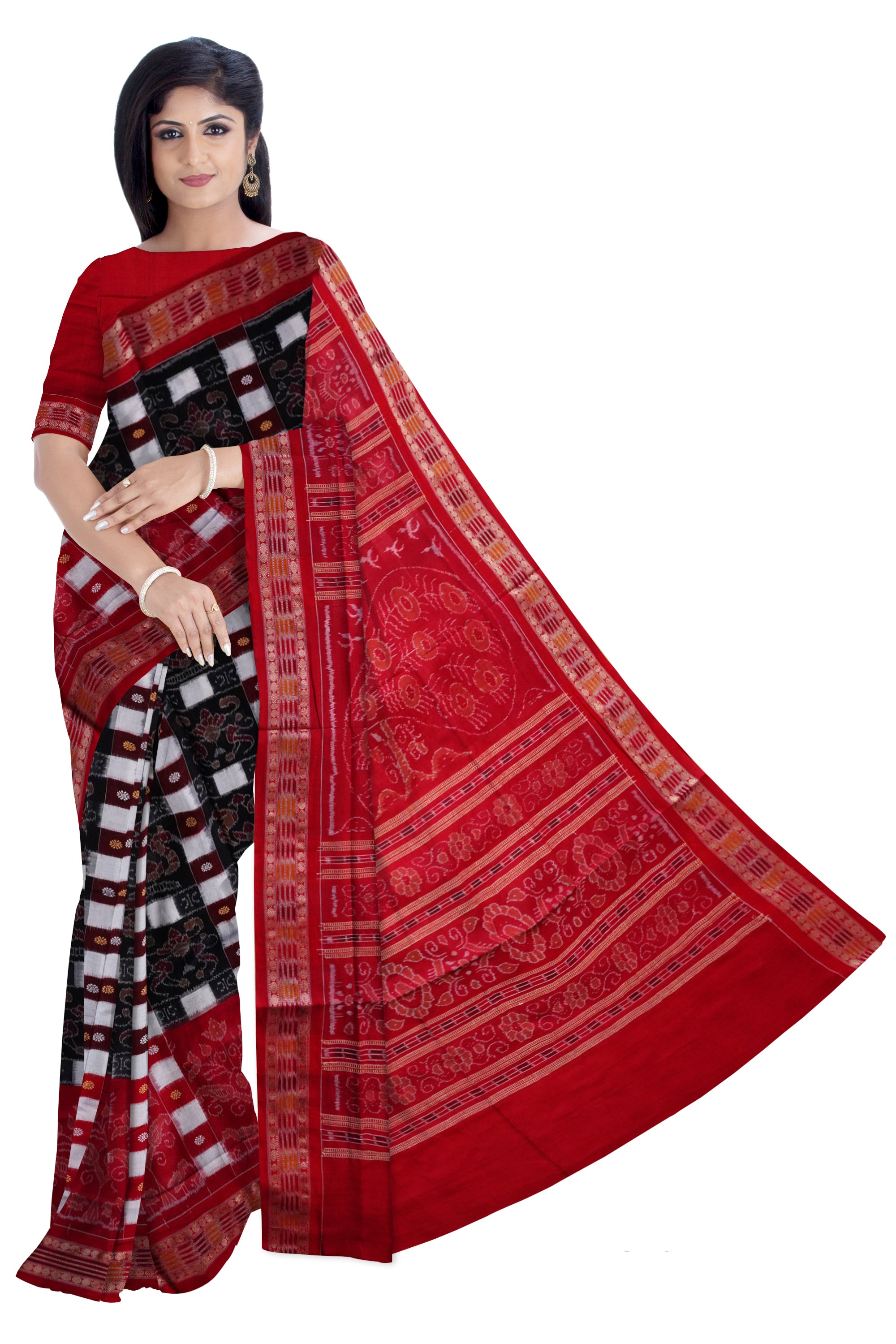 Black, Red color with white and Coffee color Sambalpuri cotton saree  in box pattern. - Koshali Arts & Crafts Enterprise