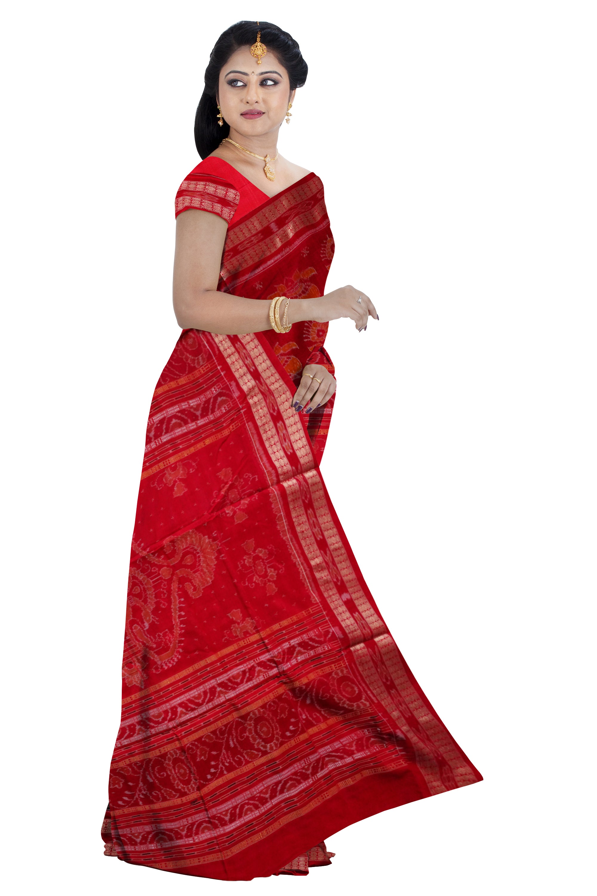 Beautiful tree with kalash pattern Red and Black  Sambalpuri cotton saree. - Koshali Arts & Crafts Enterprise