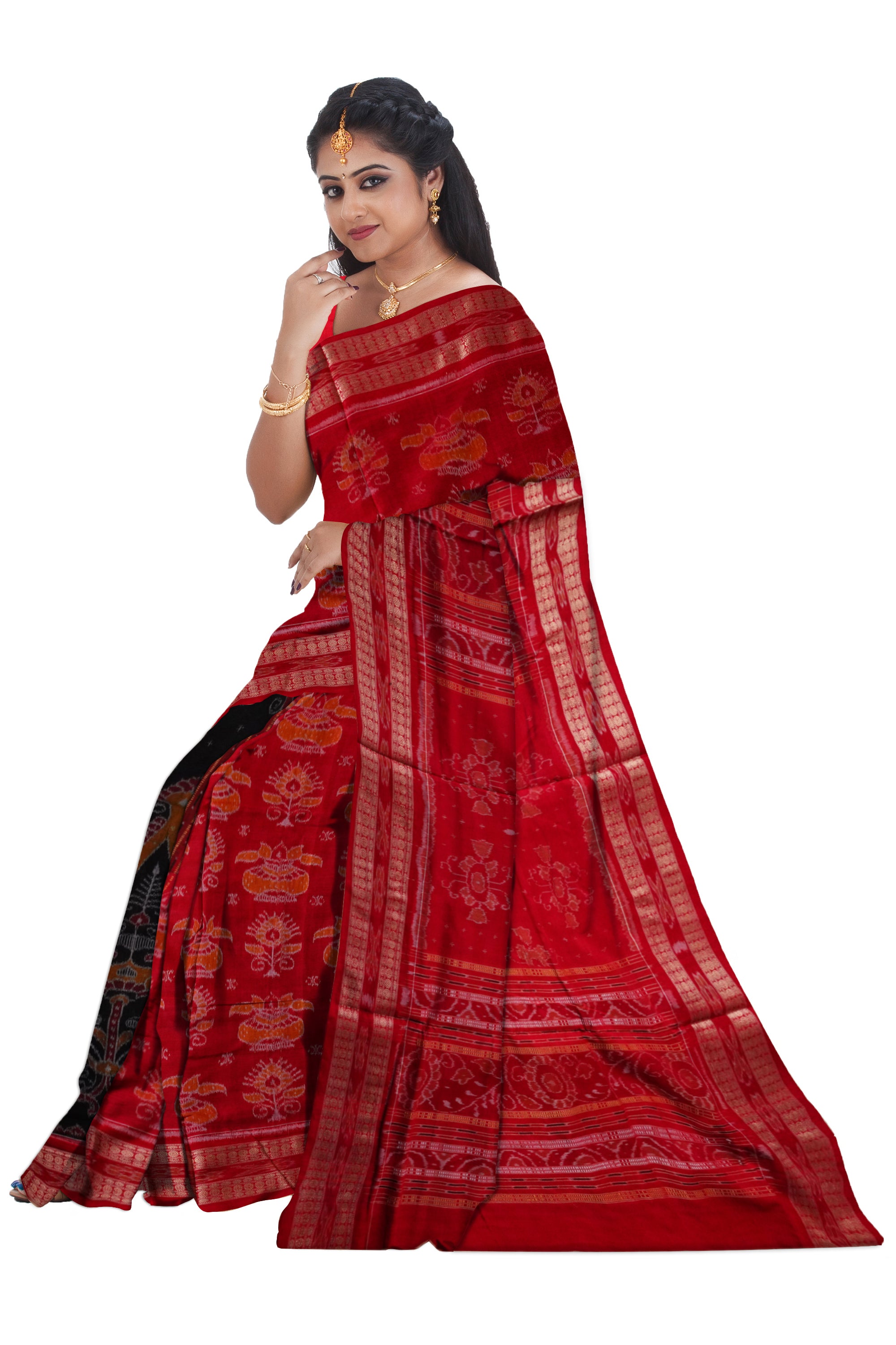 Beautiful tree with kalash pattern Red and Black Sambalpuri cotton saree. - Koshali Arts & Crafts Enterprise