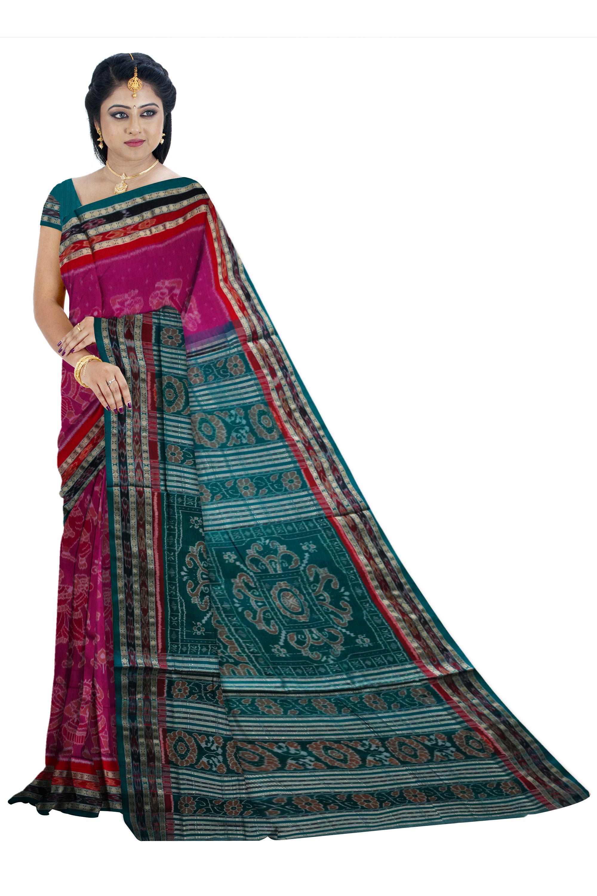 Traditional Nartaki pattern Pure cotton saree in Dark-magenta and Green color Sambalpuri cotton saree. - Koshali Arts & Crafts Enterprise