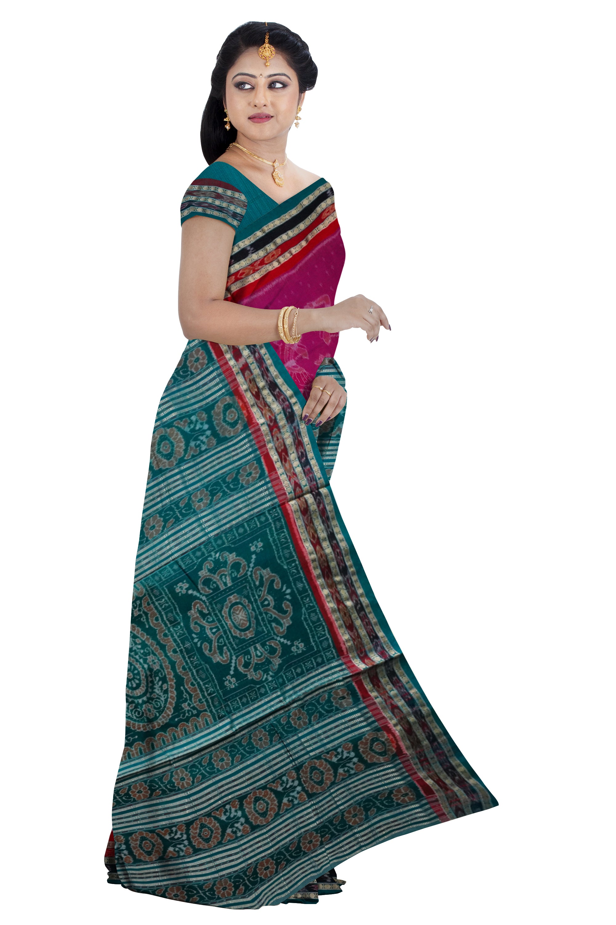 Traditional Nartaki pattern Pure cotton saree in Dark-magenta and Green color Sambalpuri cotton saree. - Koshali Arts & Crafts Enterprise