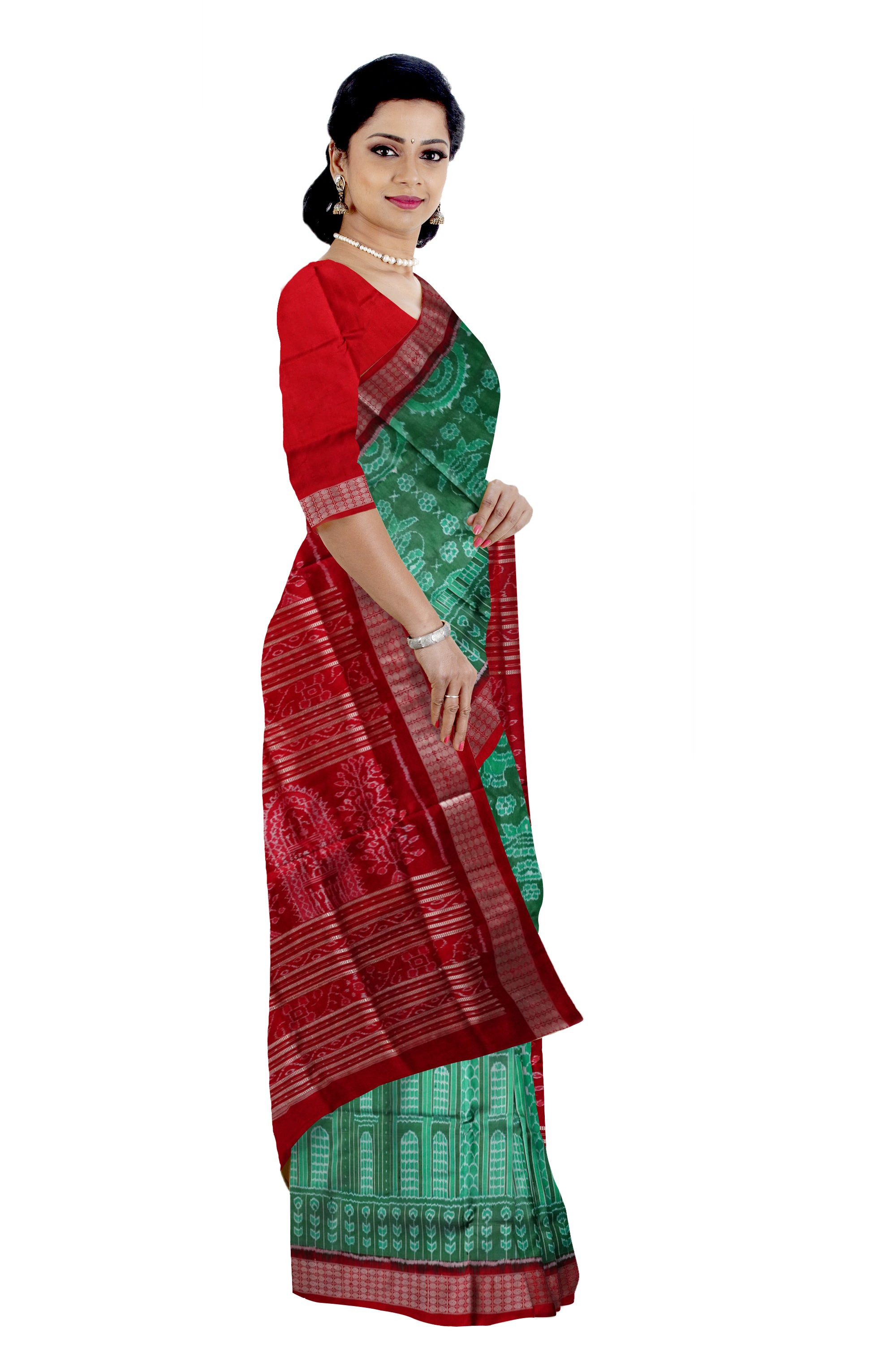 Light-green and Red color tajmahal pattern sambalpuri pure pata saree. - Koshali Arts & Crafts Enterprise