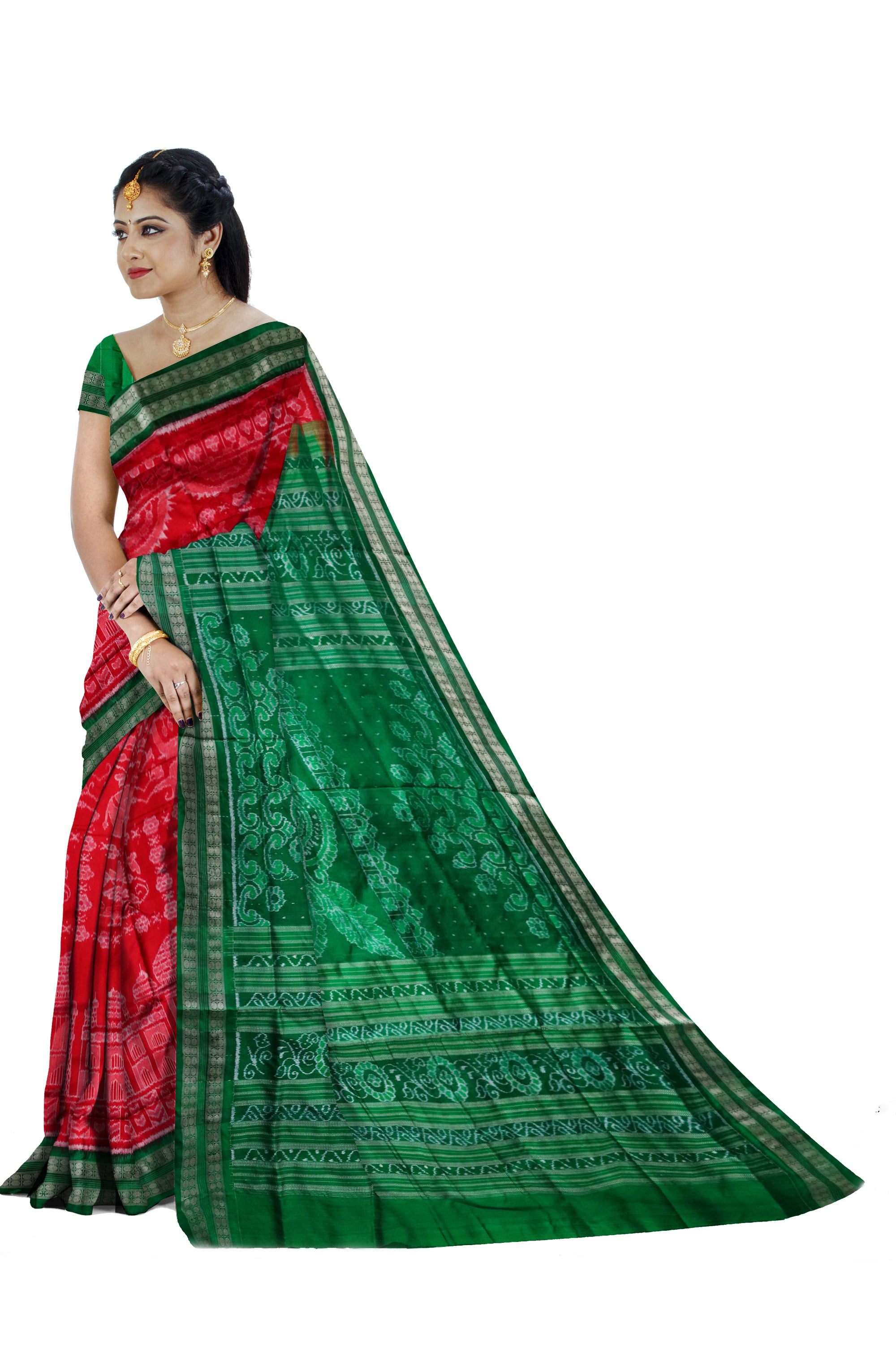 Red and Green color tajmahal pattern sambalpuri pure pata saree. - Koshali Arts & Crafts Enterprise