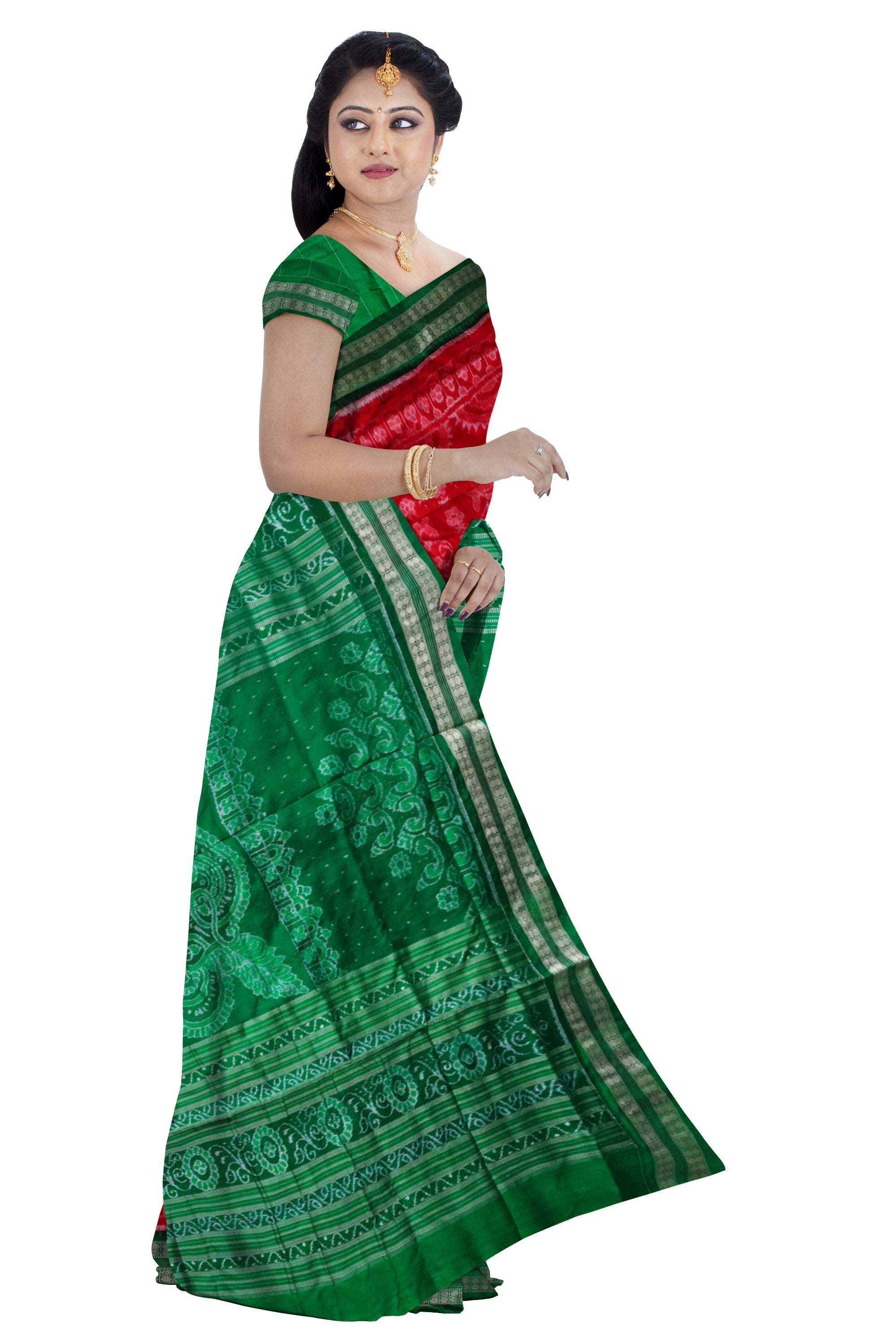 Red and Green color tajmahal pattern sambalpuri pure pata saree. - Koshali Arts & Crafts Enterprise