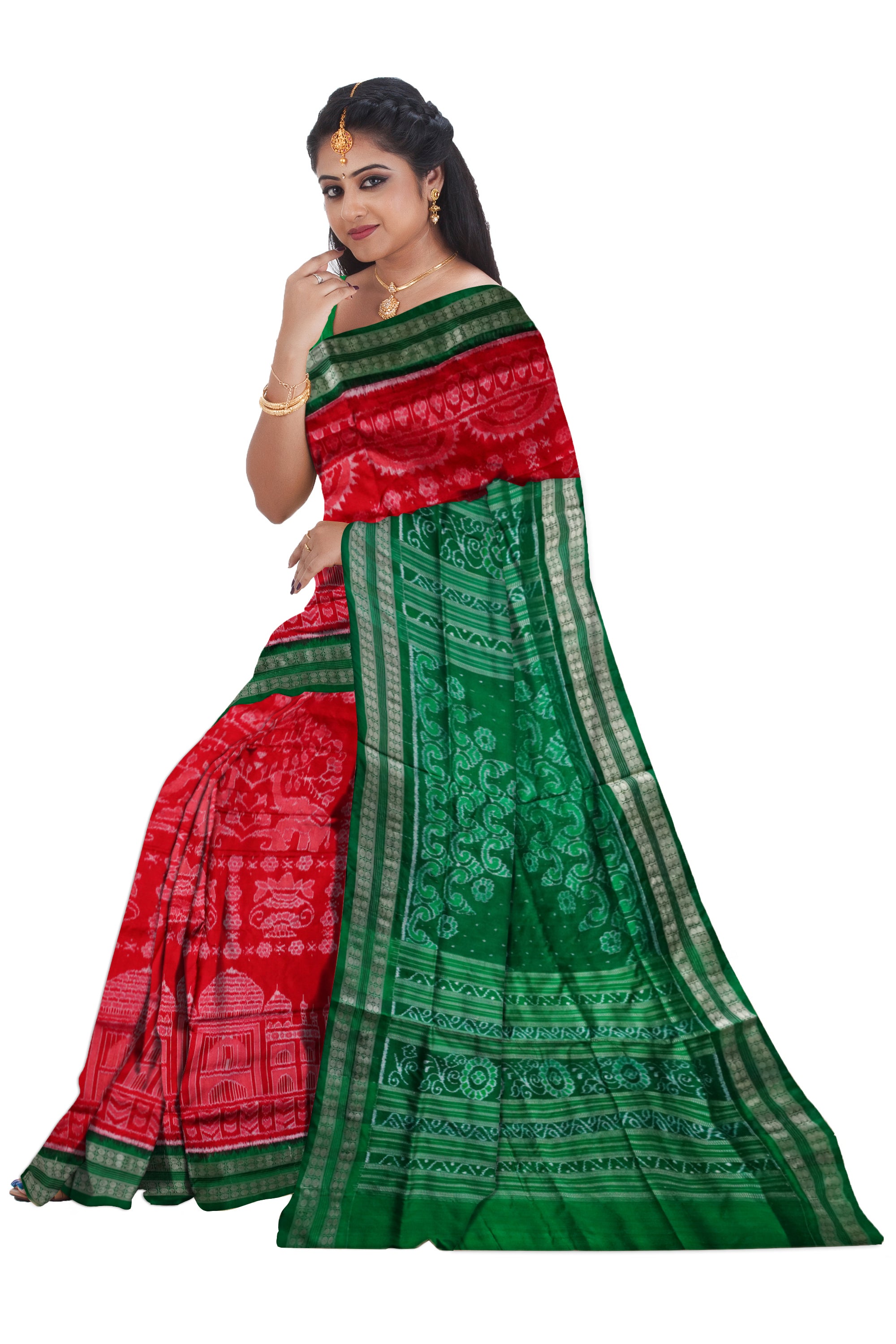 Red and Green color tajmahal pattern sambalpuri pure pata saree. - Koshali Arts & Crafts Enterprise