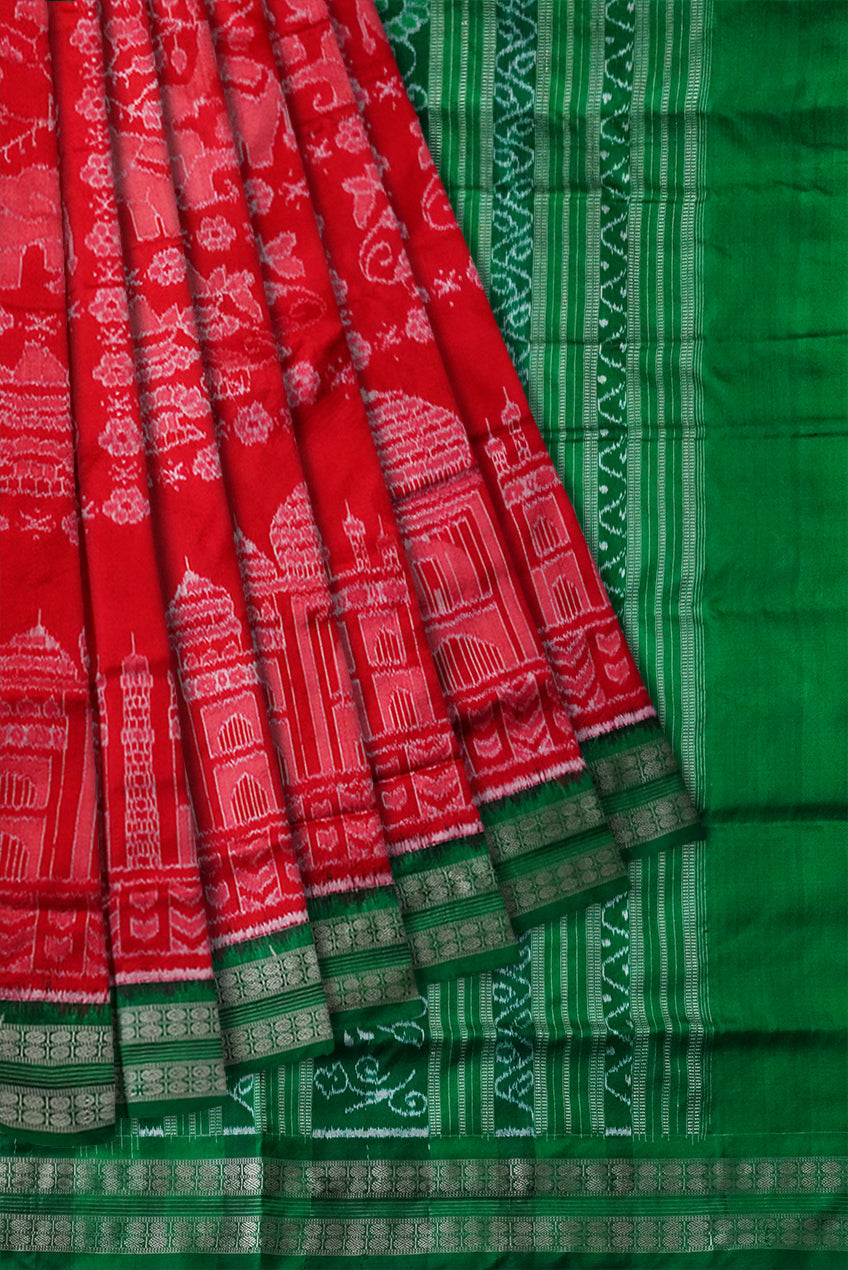 Red and Green color tajmahal pattern sambalpuri pure pata saree. - Koshali Arts & Crafts Enterprise