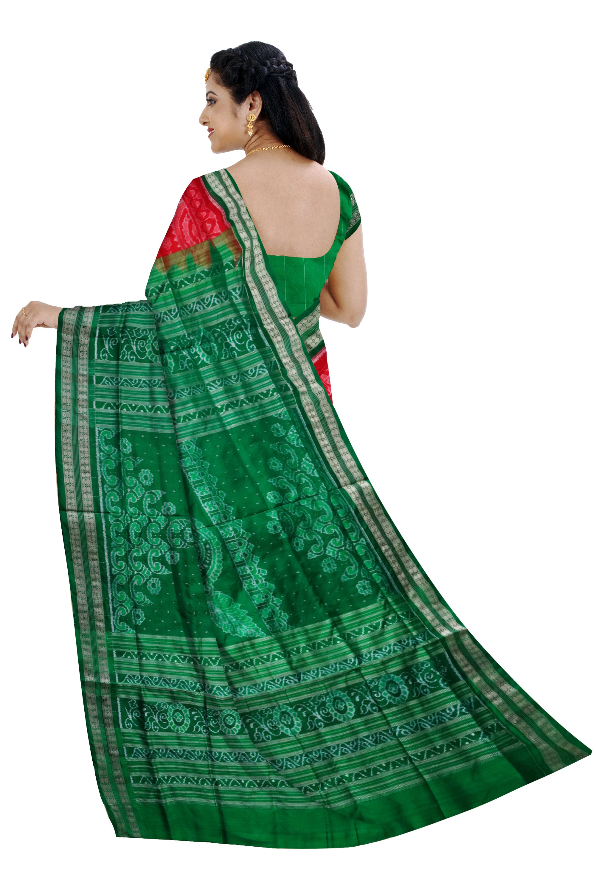 Red and Green color tajmahal pattern sambalpuri pure pata saree. - Koshali Arts & Crafts Enterprise