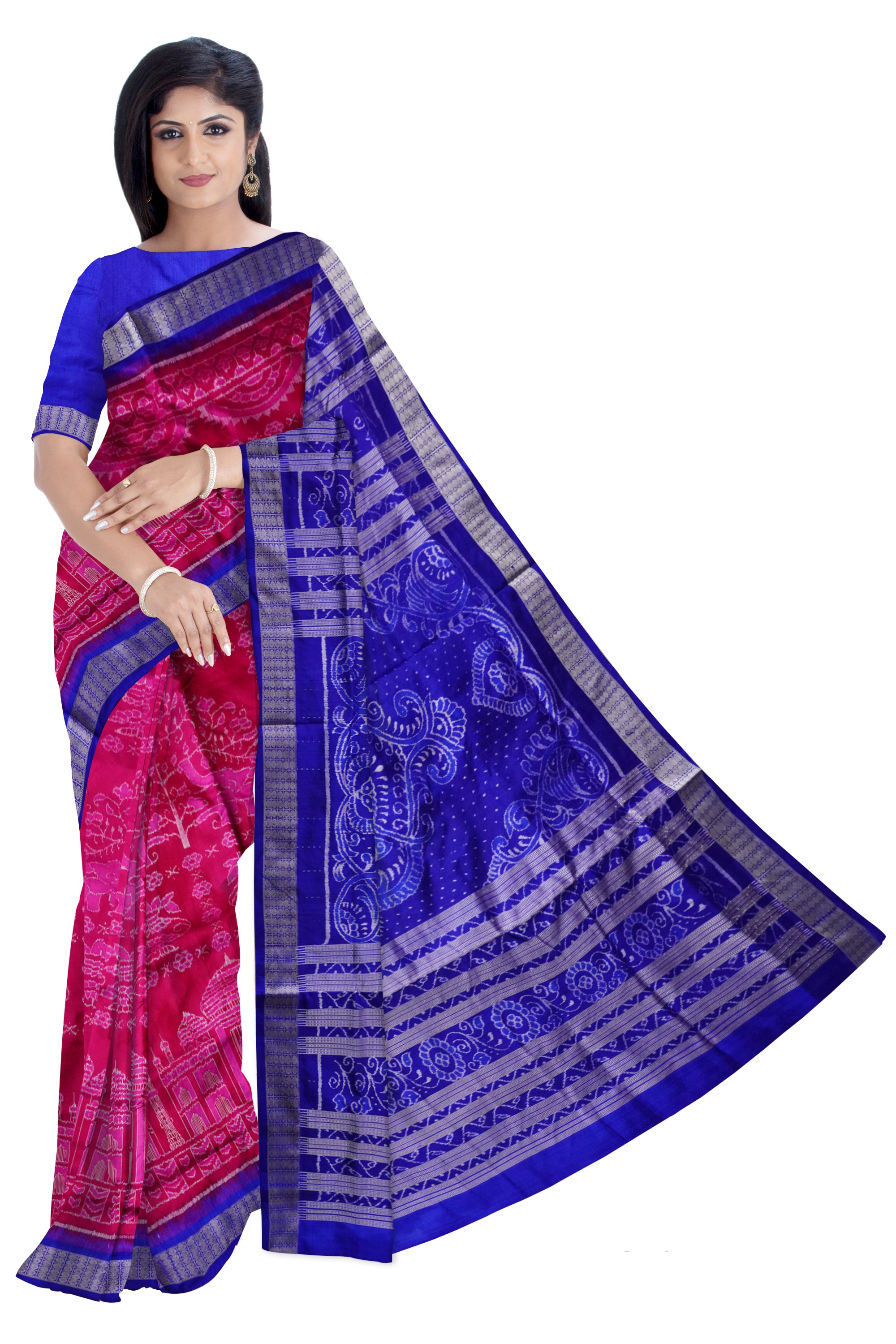 Pink and Blue color Tajmahal pattern sambalpuri pure pata saree. - Koshali Arts & Crafts Enterprise