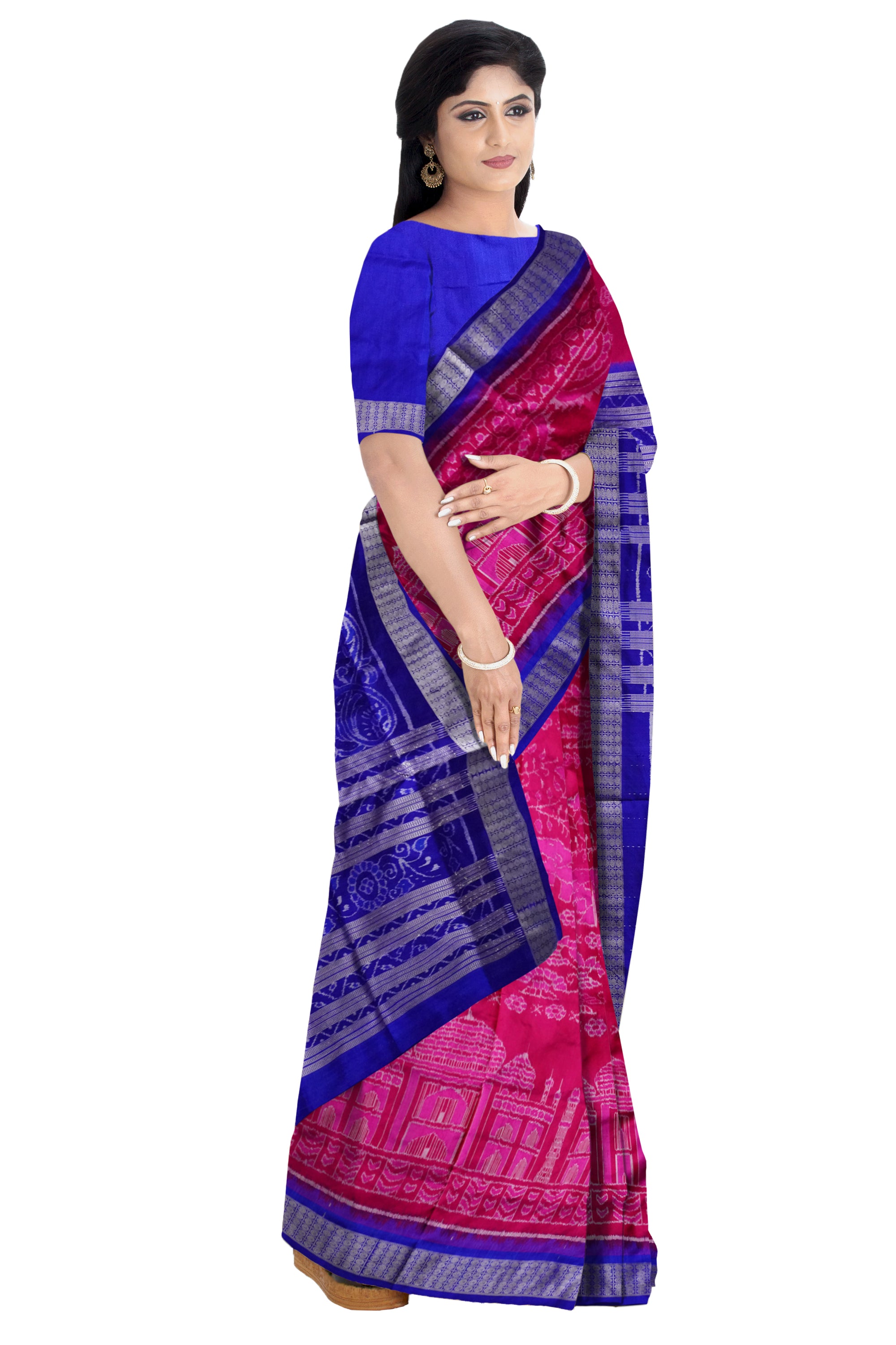 Pink and Blue color Tajmahal pattern sambalpuri pure pata saree. - Koshali Arts & Crafts Enterprise