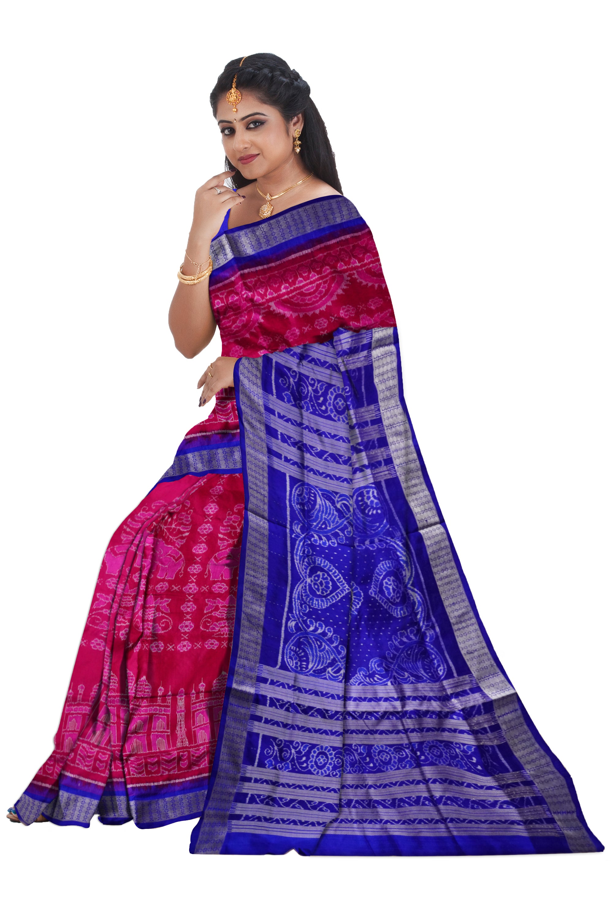 Pink and Blue color Tajmahal pattern sambalpuri pure pata saree. - Koshali Arts & Crafts Enterprise