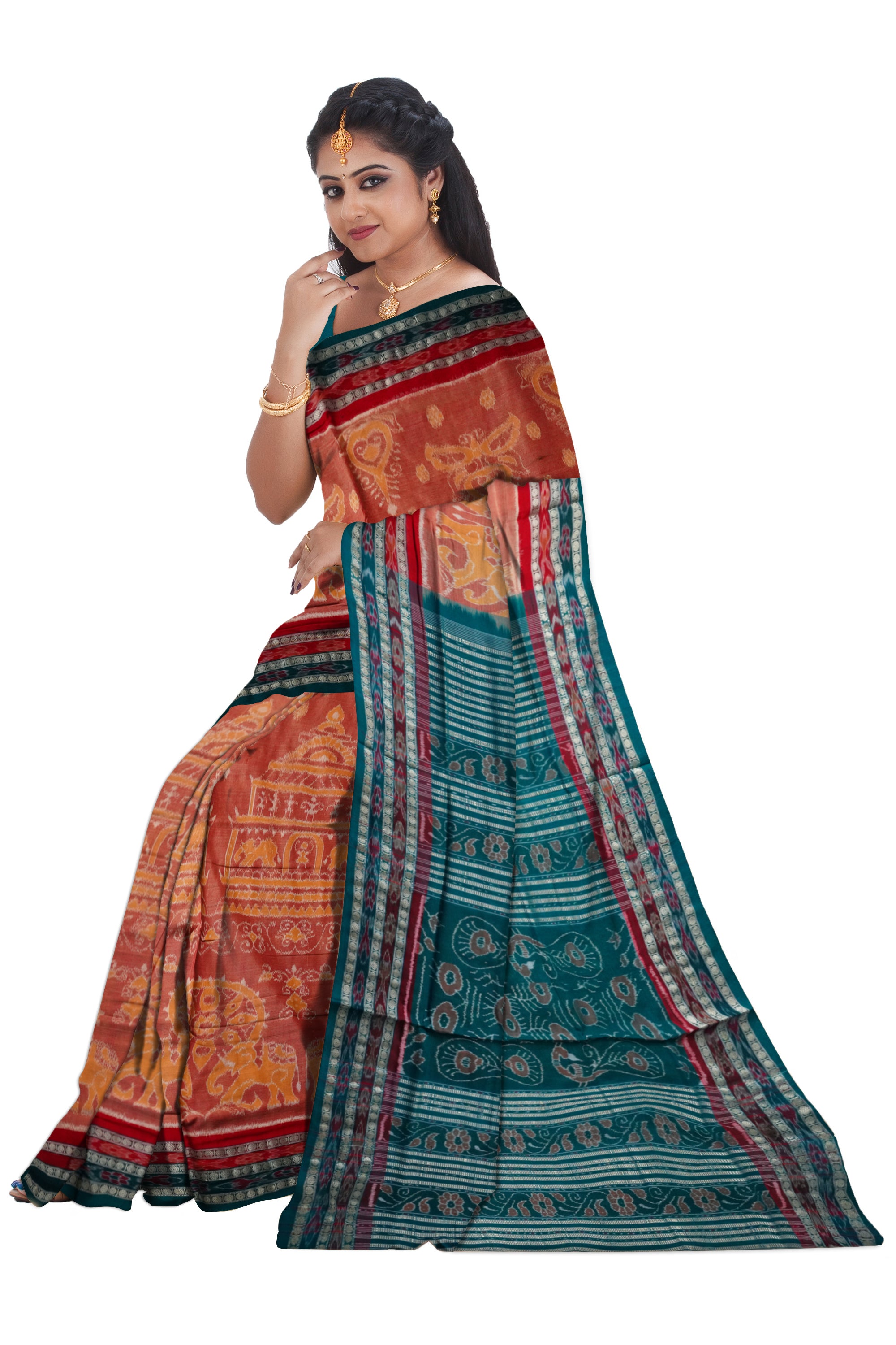 Orange and green color terracotta village pattern sambalpuri cotton saree. - Koshali Arts & Crafts Enterprise