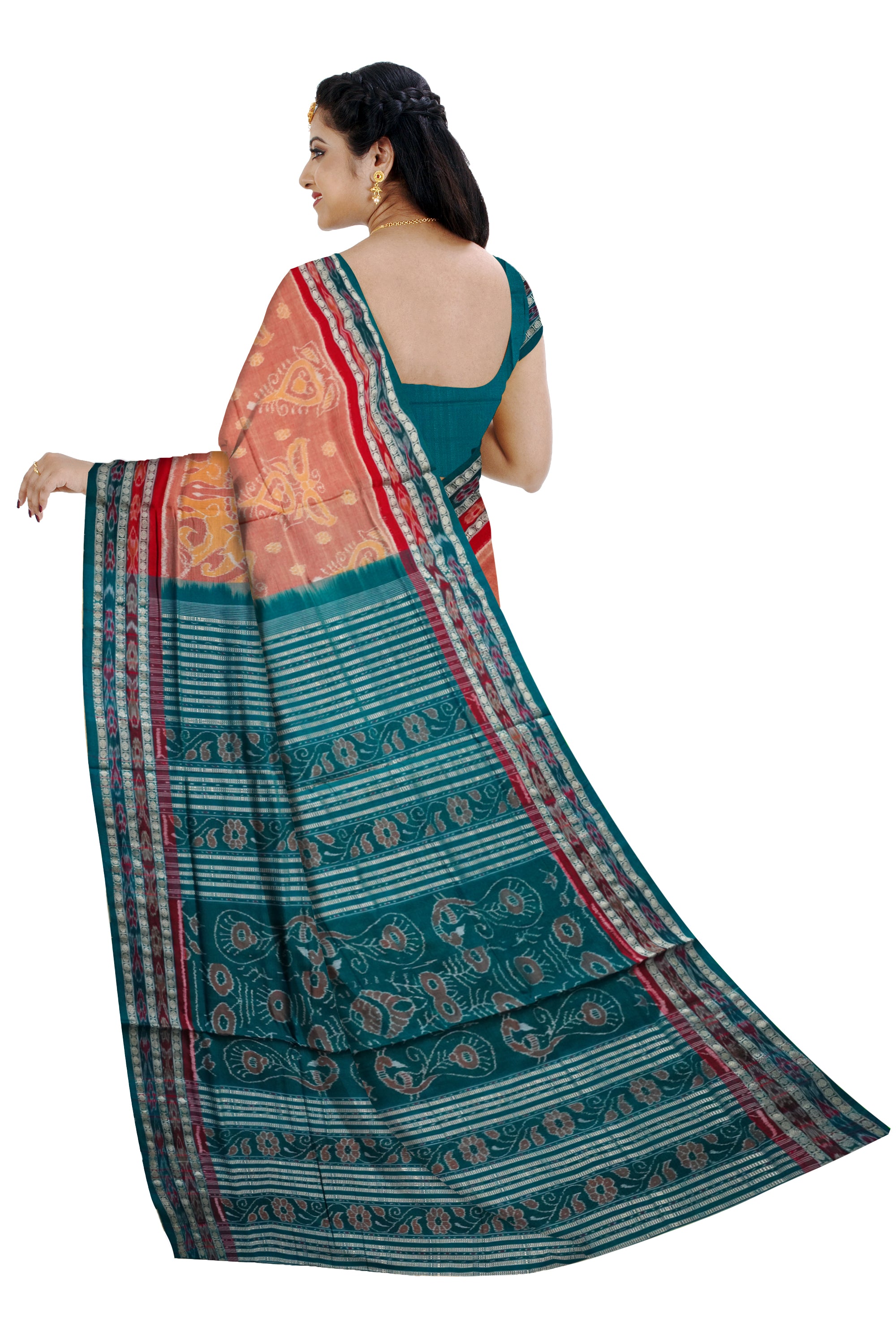 Orange and green color teracotta village pattern sambalpuri cotton saree. - Koshali Arts & Crafts Enterprise