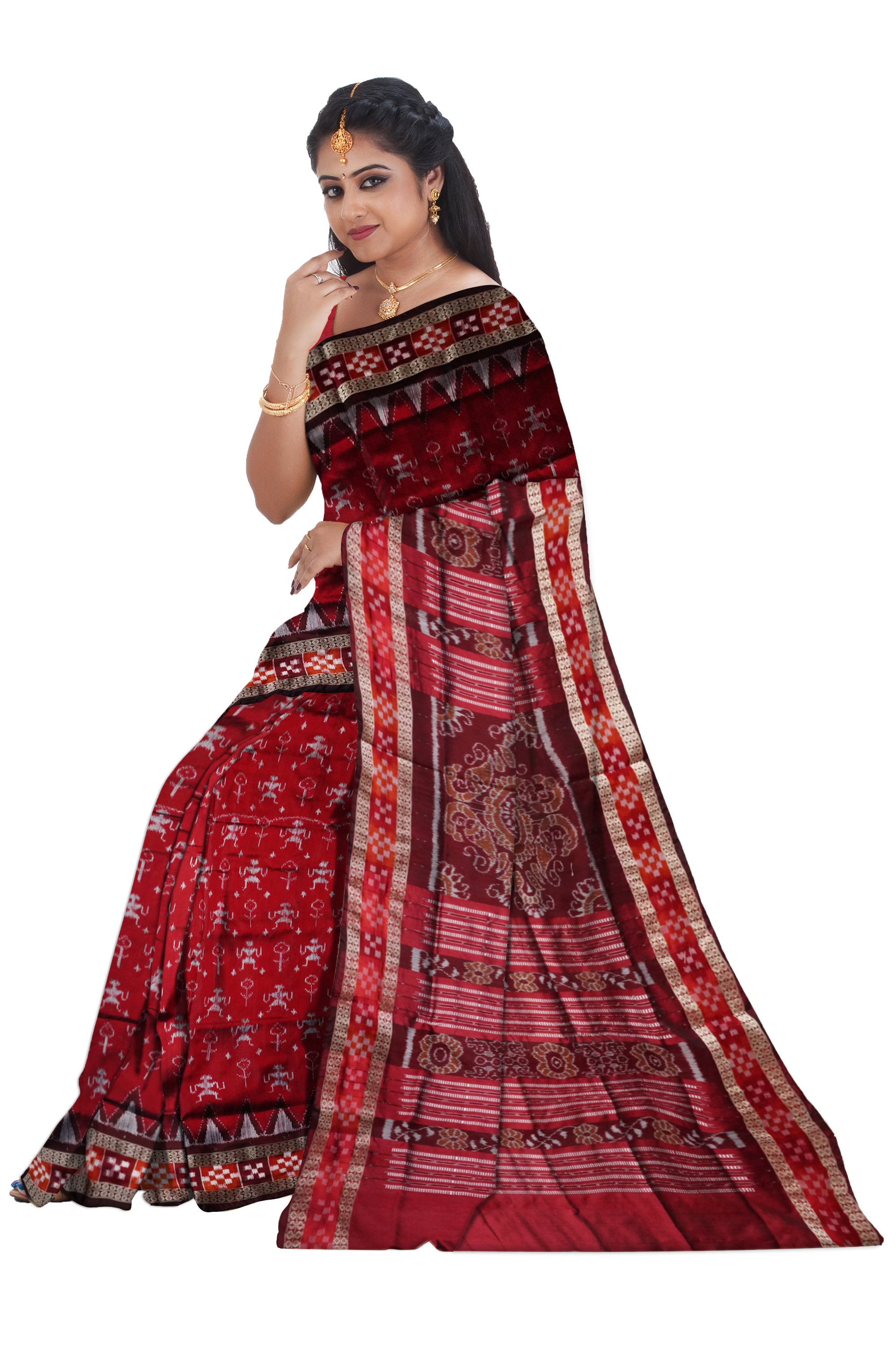 Whole body terracotta with border pasapali pattern Sambalpuri pata saree in Maroon and Coffee color. - Koshali Arts & Crafts Enterprise
