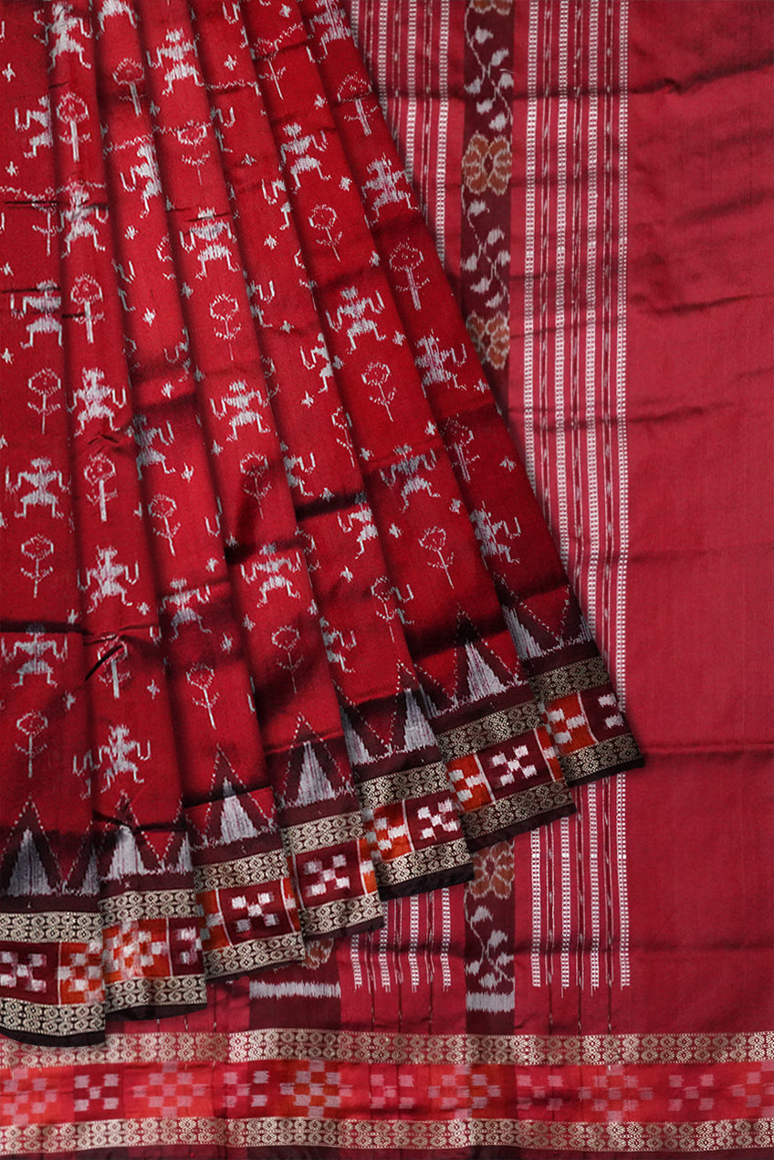 Whole body terracotta with border pasapali pattern Sambalpuri pata saree in Maroon and Coffee color. - Koshali Arts & Crafts Enterprise