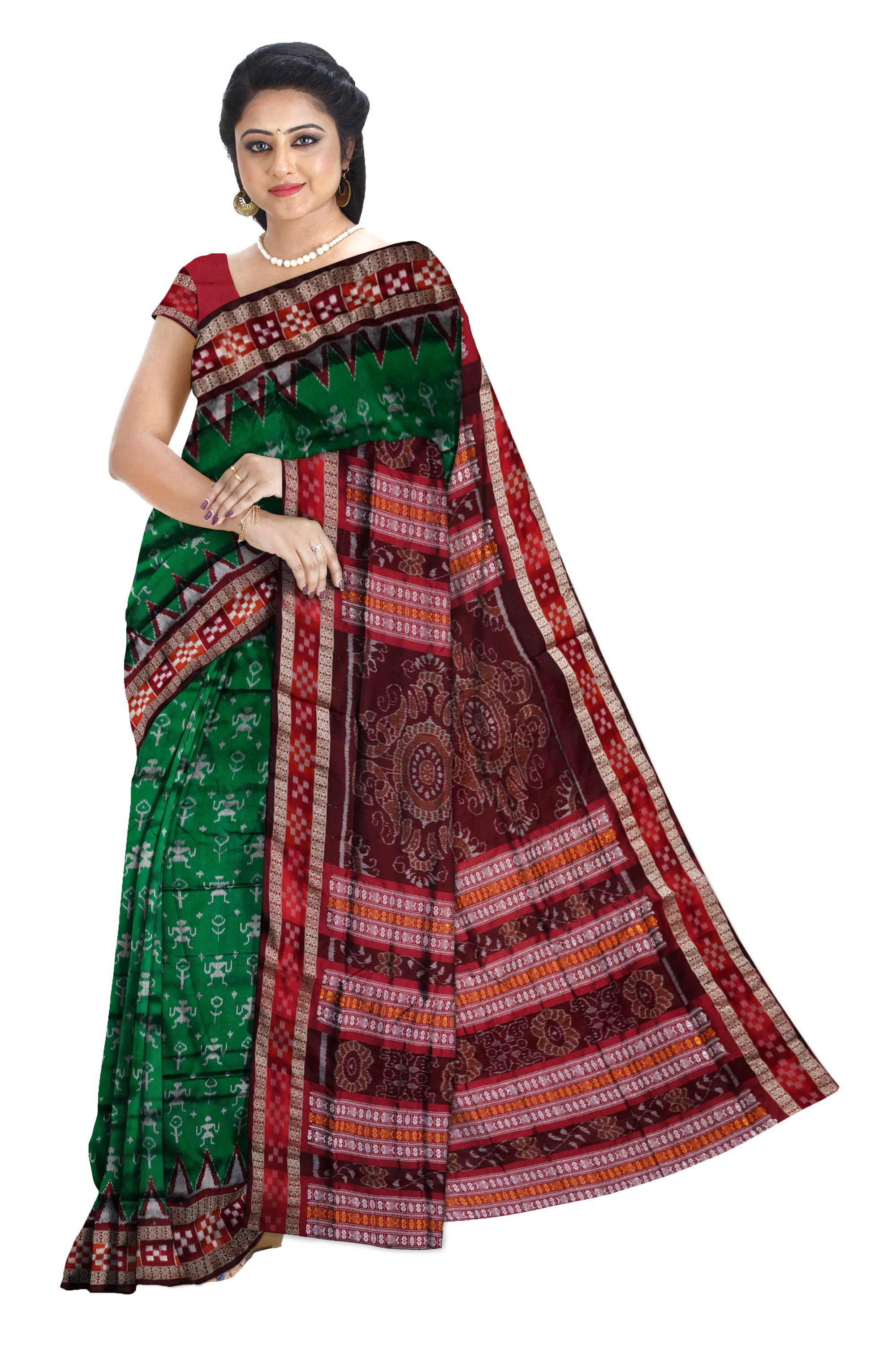 Full body terracotta with border Pasapali pattern Sambalpuri pata saree in Green and Maroon color. - Koshali Arts & Crafts Enterprise