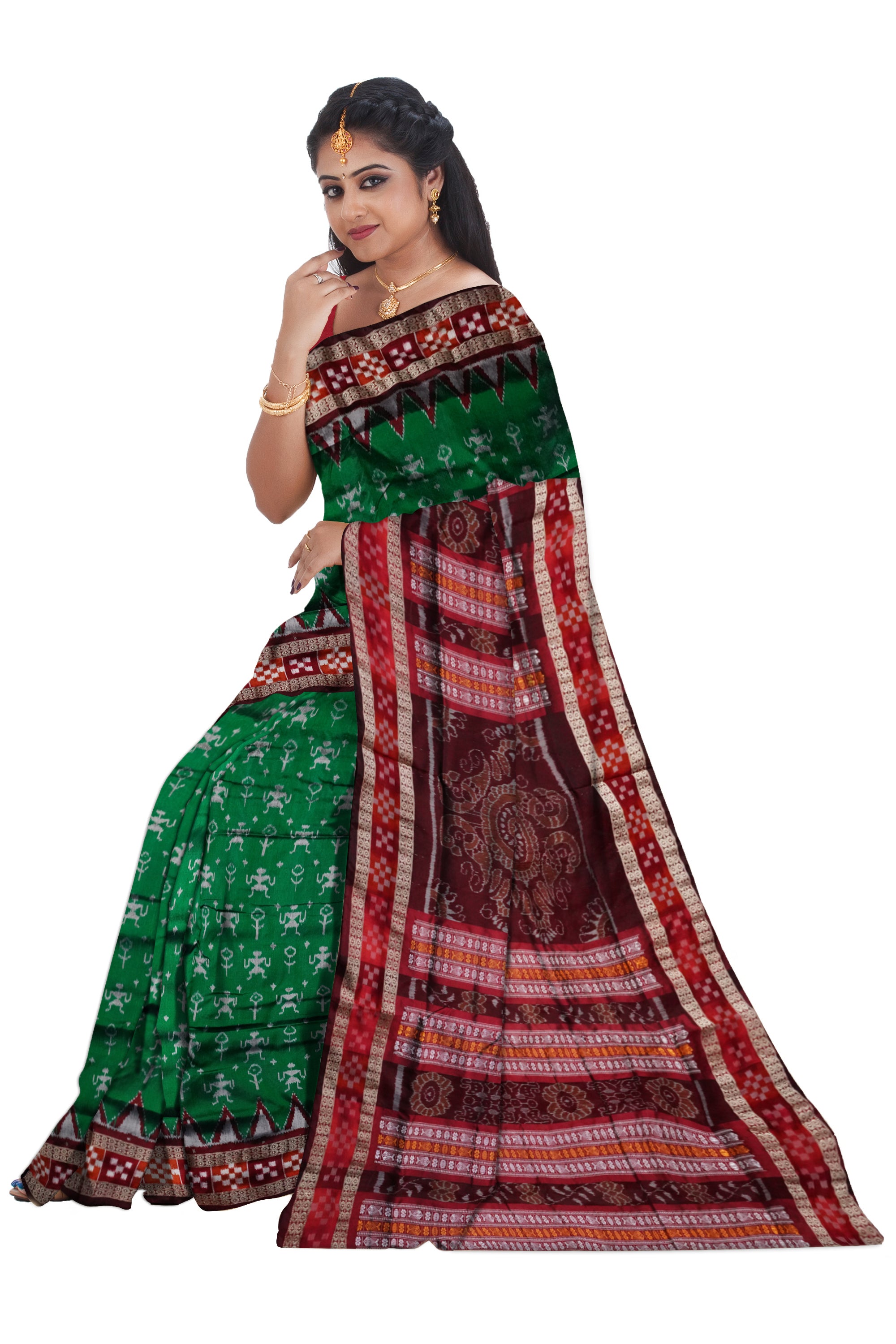Full body terracotta with border Pasapali pattern Sambalpuri pata saree in Green and Maroon color. - Koshali Arts & Crafts Enterprise