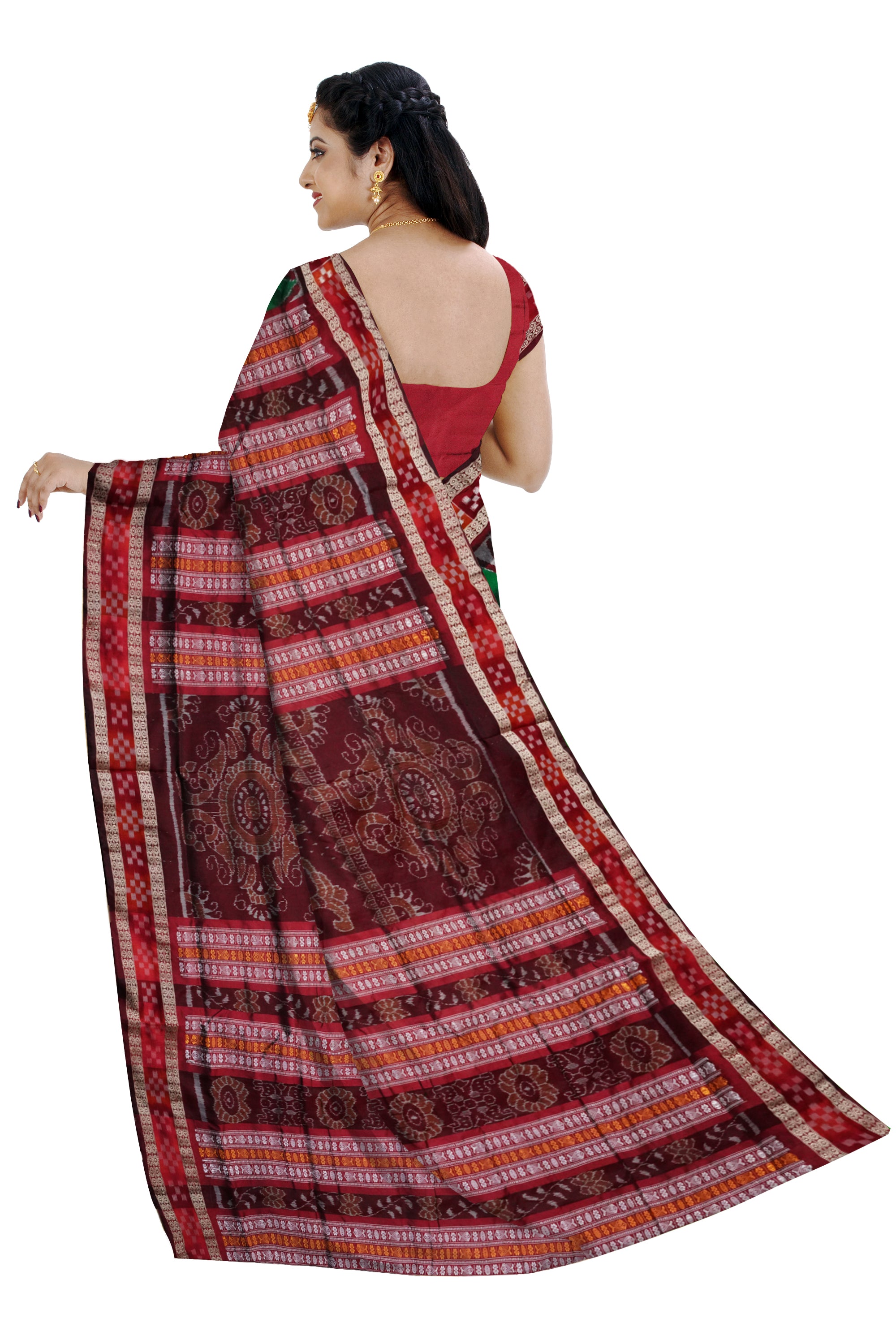 Full body terracotta with border Pasapali pattern Sambalpuri pata saree in Green and Maroon color. - Koshali Arts & Crafts Enterprise