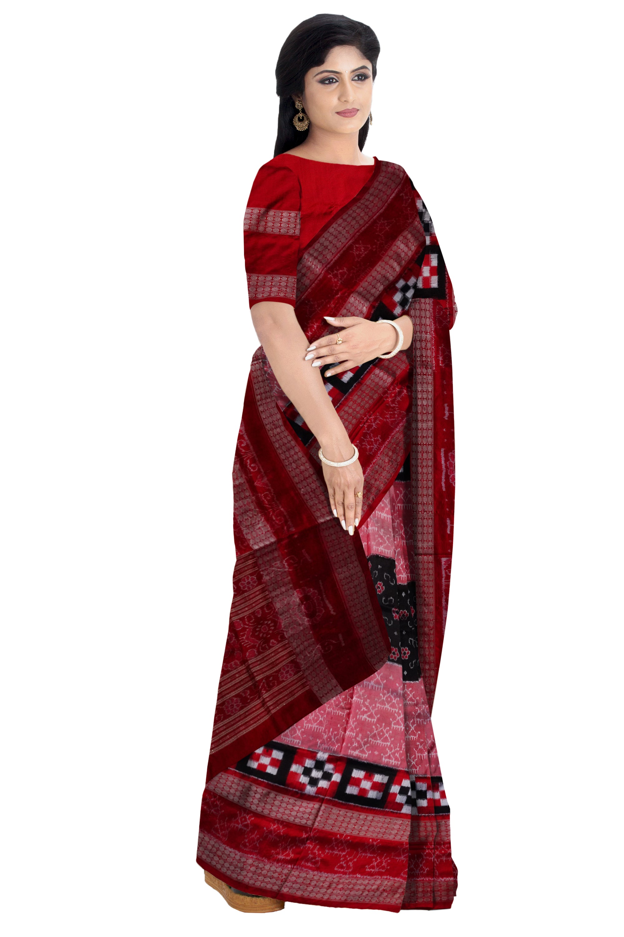 Baby-pink,Black and Red color flowers with pasapali pattern pure silk pata saree with double rudraksha border design. - Koshali Arts & Crafts Enterprise