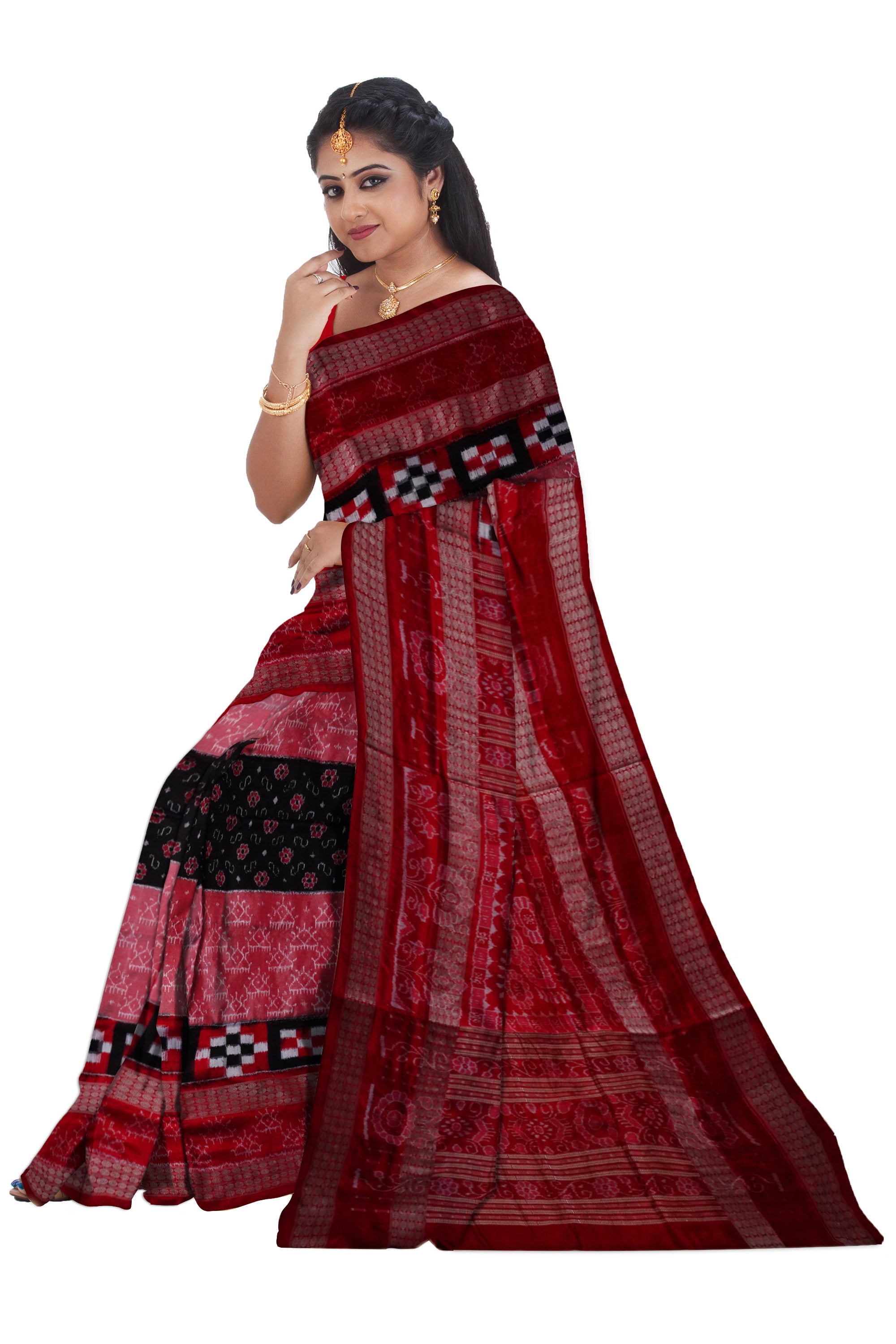 Baby-pink,Black and Red color flowers with pasapali pattern pure silk pata saree with double rudraksha border design. - Koshali Arts & Crafts Enterprise