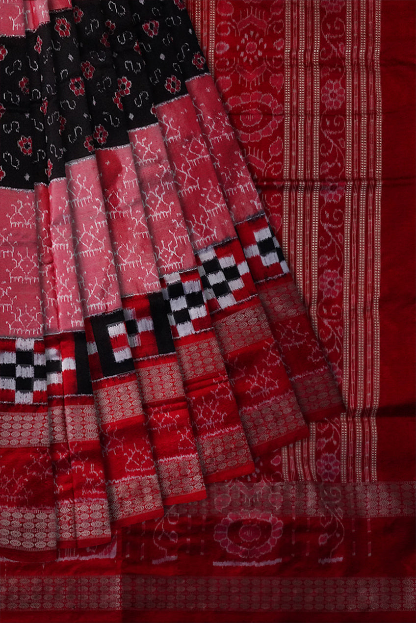 Baby-pink,Black and Red color flowers with pasapali pattern pure silk pata saree with double rudraksha border design. - Koshali Arts & Crafts Enterprise