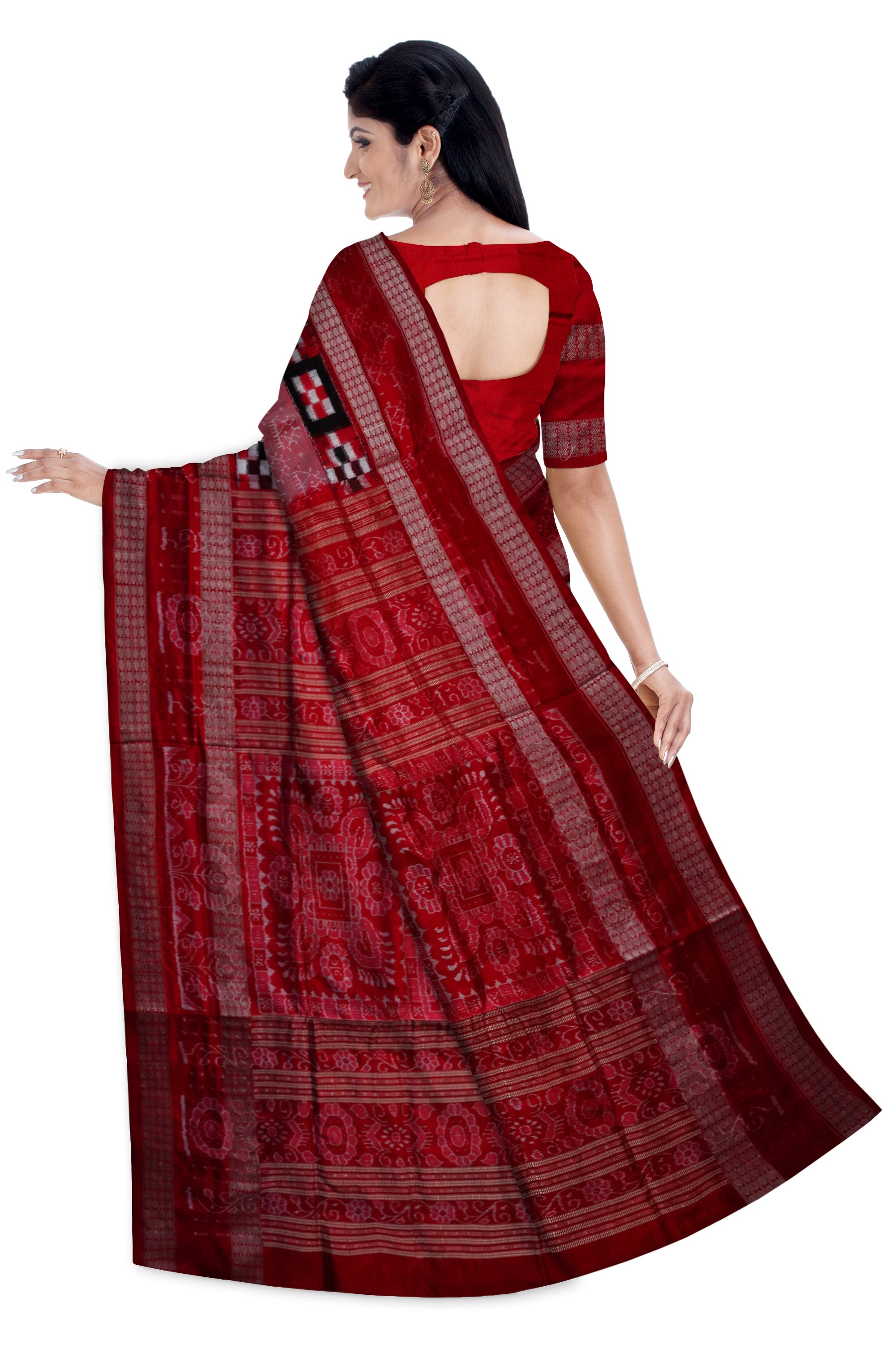 Baby-pink,Black and Red color flowers with pasapali pattern pure silk pata saree with double rudraksha border design. - Koshali Arts & Crafts Enterprise