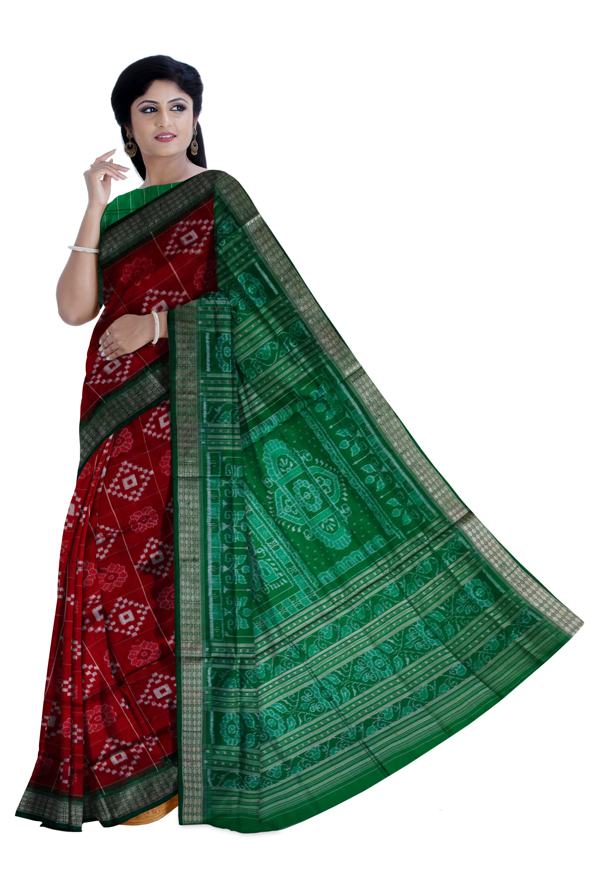 Flowers and Pasapali design in boxes pattern Pure silk pata saree in Maroon and Green color. - Koshali Arts & Crafts Enterprise