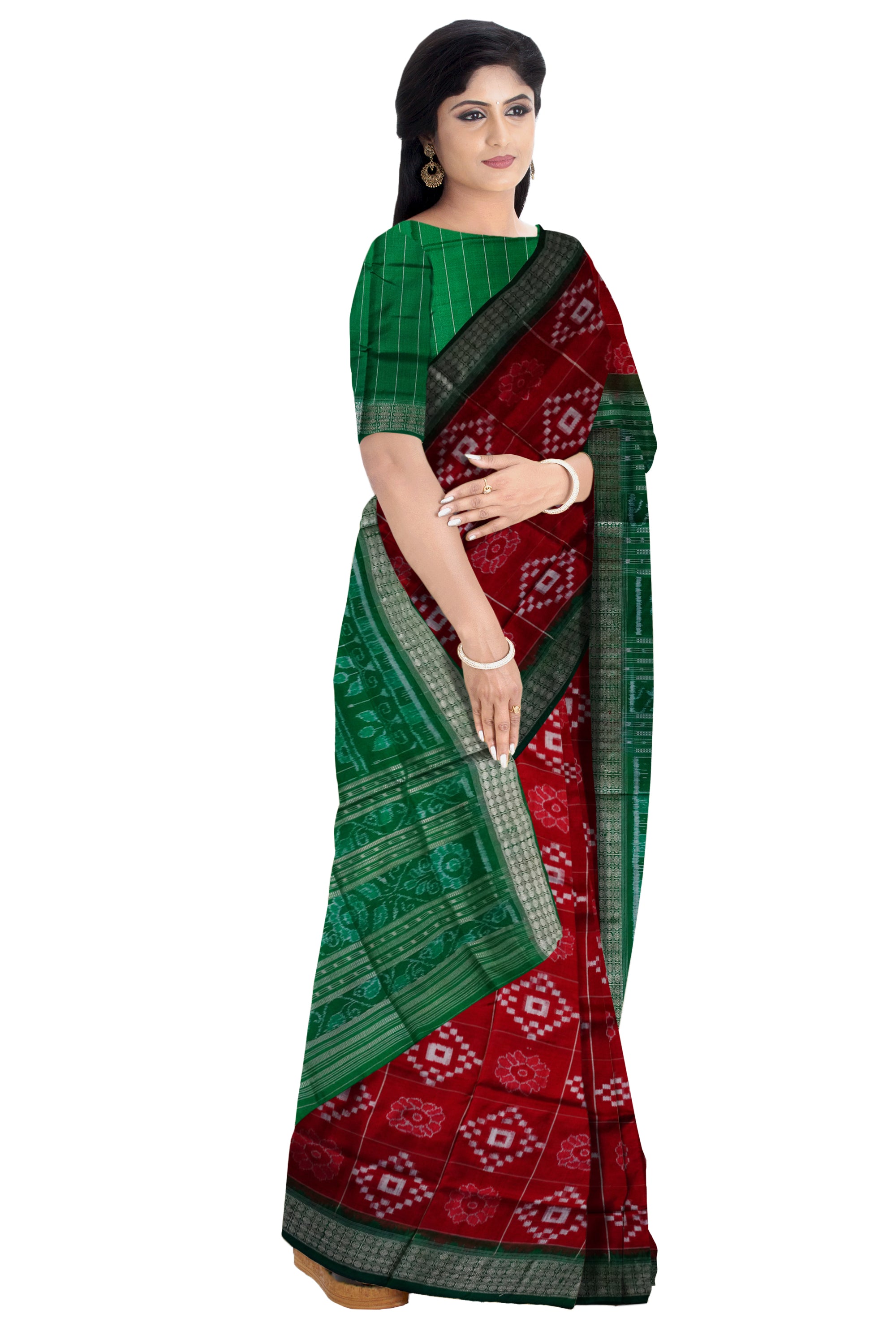 Flowers and Pasapali design in boxes pattern Pure silk pata saree in Maroon and Green color. - Koshali Arts & Crafts Enterprise