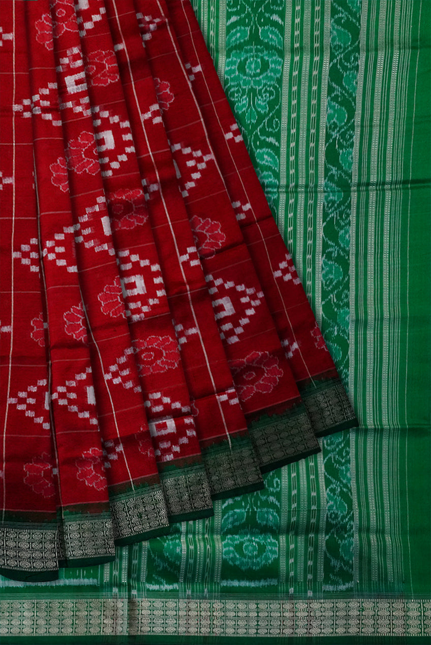 Flowers and Pasapali design in boxes pattern Pure silk pata saree in Maroon and Green color. - Koshali Arts & Crafts Enterprise