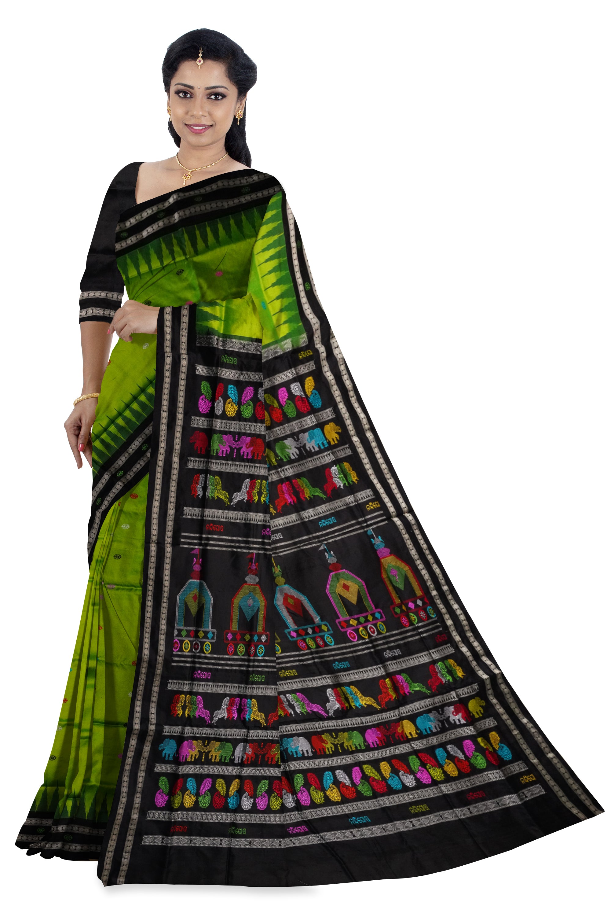 Lime-tree green and Black color Dolabedi pure pata saree. - Koshali Arts & Crafts Enterprise