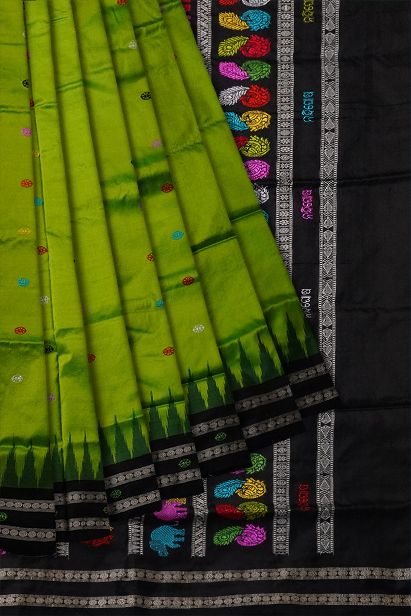 Lime-tree green and Black color Dolabedi pure pata saree. - Koshali Arts & Crafts Enterprise