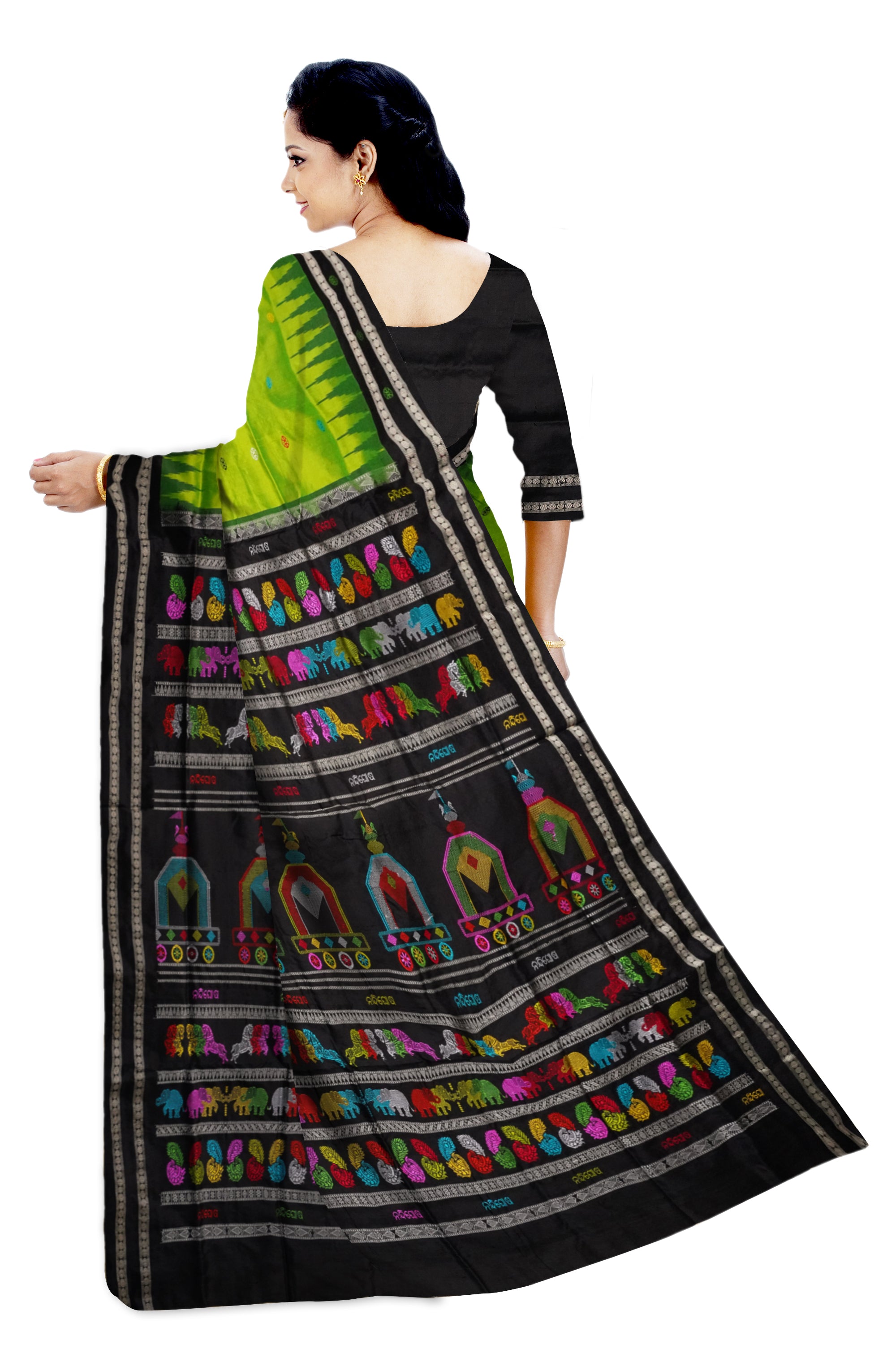 Lime-tree green and Black color Dolabedi pure pata saree. - Koshali Arts & Crafts Enterprise