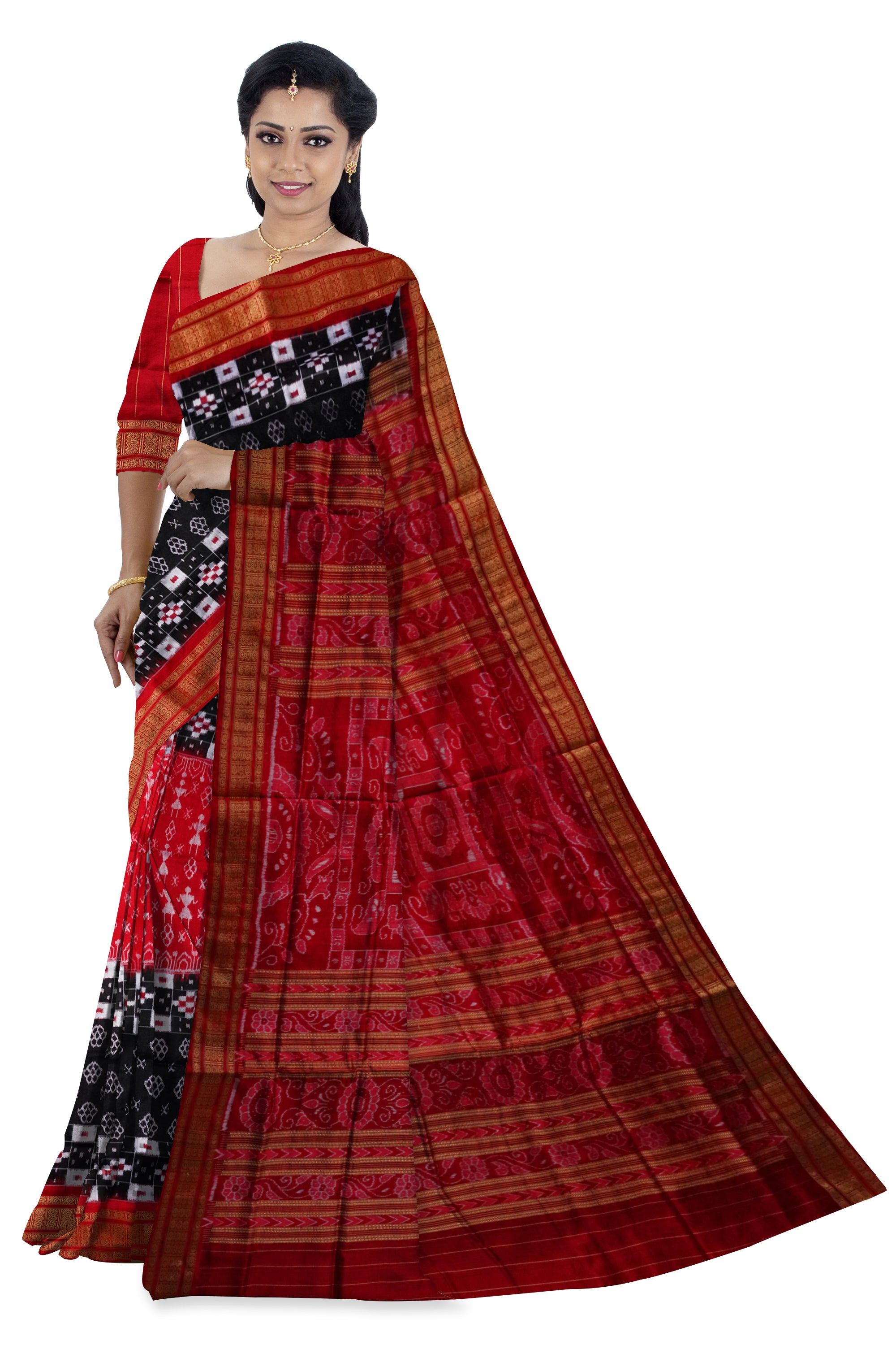 Terracotta with Pasapali pattern pure silk saree in Red and Black color. - Koshali Arts & Crafts Enterprise