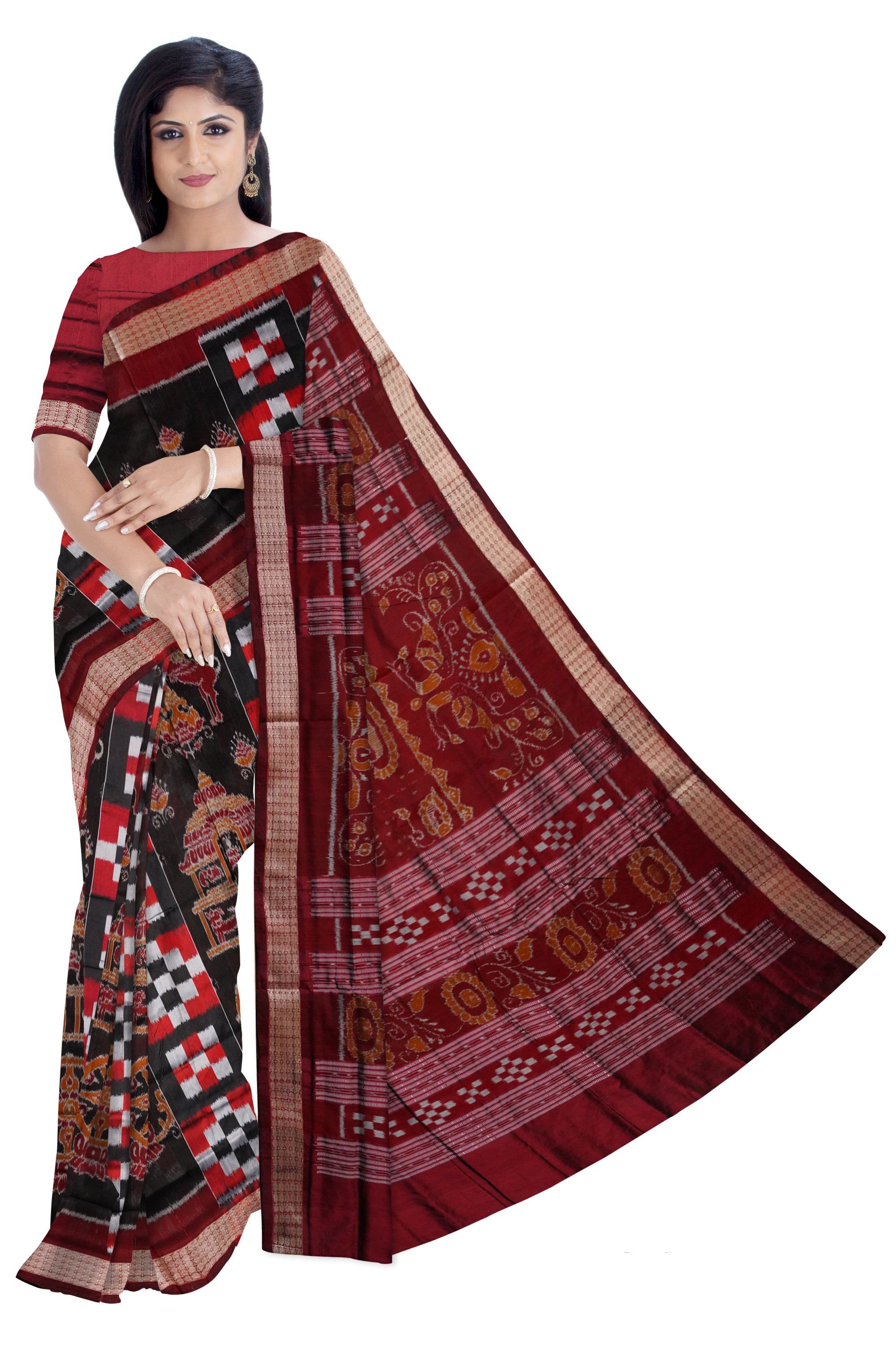 Konarka with Pasapali pattern Sambalpuri pata saree in Black,Maroon and Coffee color. - Koshali Arts & Crafts Enterprise