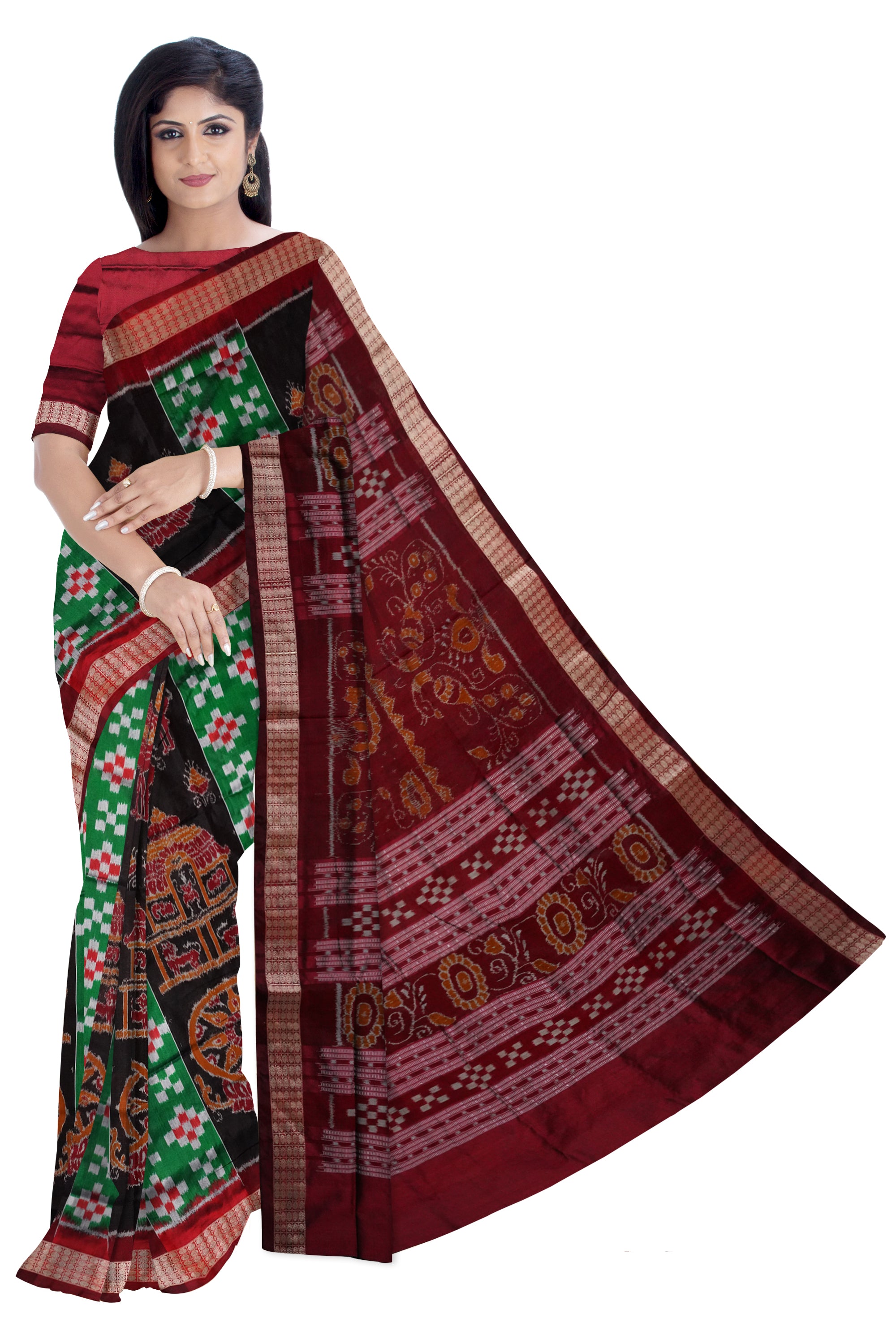 Green and Maroon color konark with pasapali pattern Sambalpuri pata saree. - Koshali Arts & Crafts Enterprise