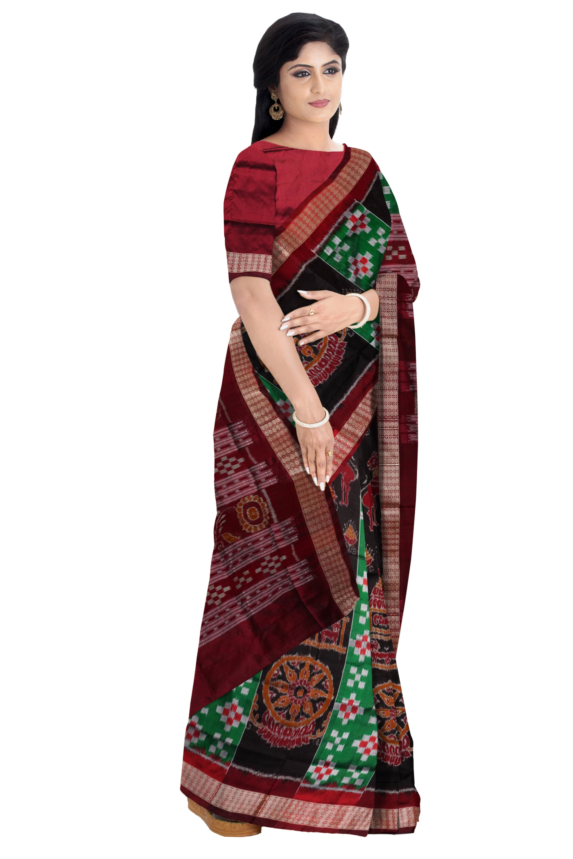 Green and Maroon color konark with pasapali pattern Sambalpuri pata saree. - Koshali Arts & Crafts Enterprise